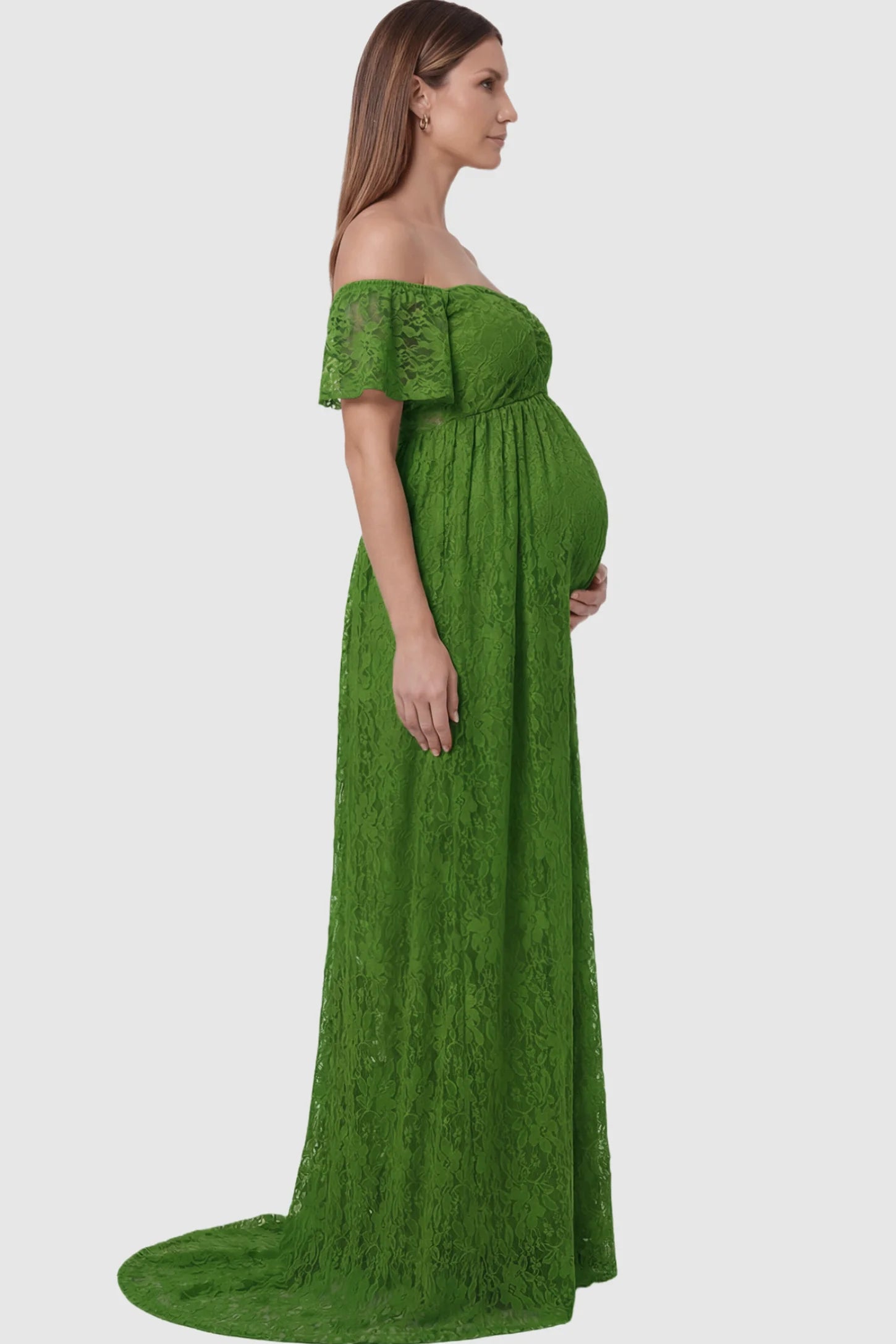 Lace Off Shoulder Maternity Maxi Dress Lace Off Shoulder Maternity Maxi Dress in apple green featuring off the shoulder neckline on a pregnant model showing side.