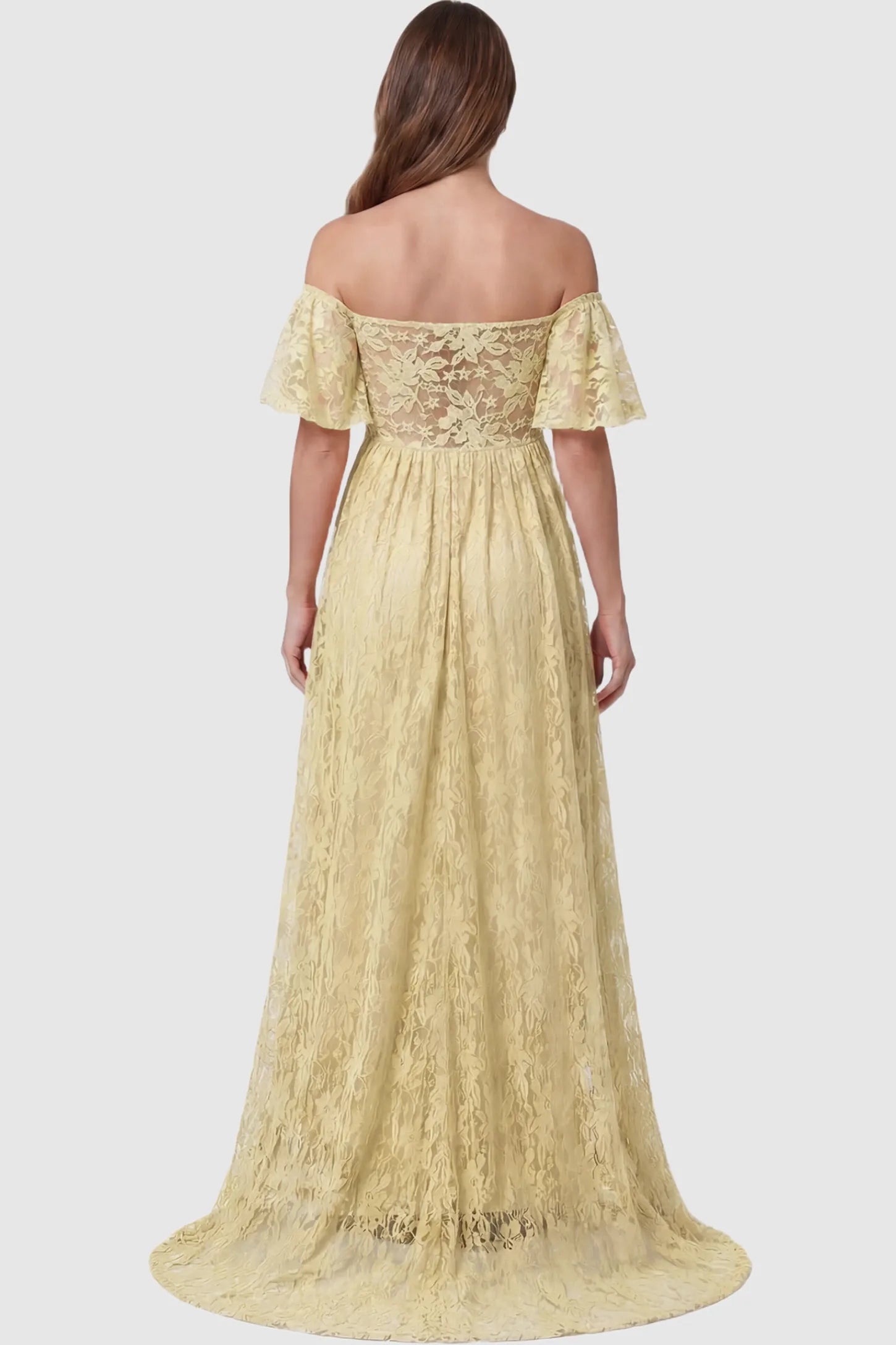 Lace Off Shoulder Maternity Maxi Dress Lace Off Shoulder Maternity Maxi Dress in Apricot featuring off the shoulder neckline on a pregnant model showing back.