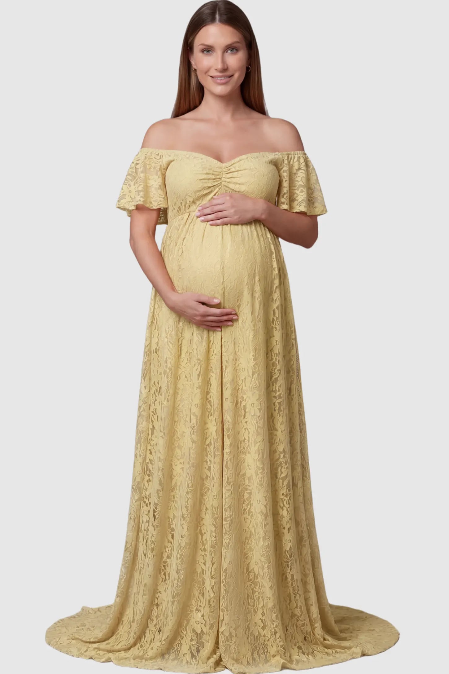 Lace Off Shoulder Maternity Maxi Dress Lace Off Shoulder Maternity Maxi Dress in Apricot featuring off the shoulder neckline on a pregnant model showing front.