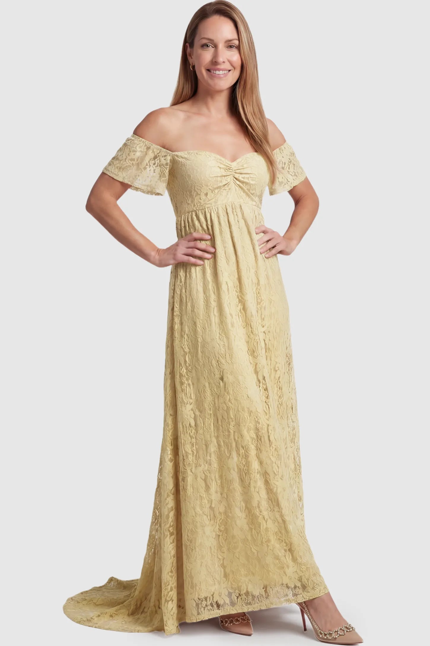 Lace Off Shoulder Maternity Maxi Dress Lace Off Shoulder Maternity Maxi Dress in Apricot featuring off the shoulder neckline on a postpartum model showing front.