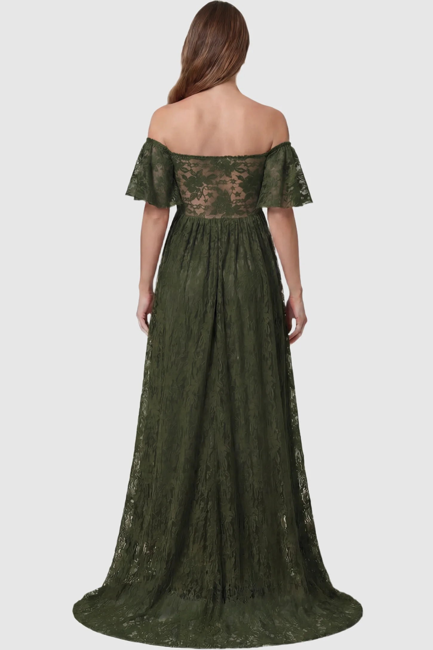 Lace Off Shoulder Maternity Maxi Dress Lace Off Shoulder Maternity Maxi Dress in army green featuring off the shoulder neckline on a pregnant model showing back.