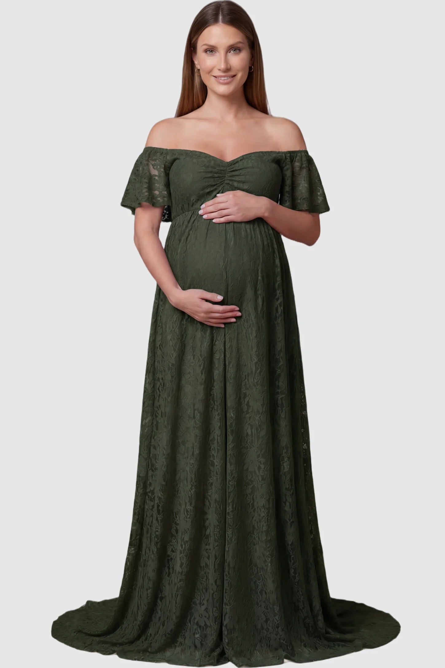 Lace Off Shoulder Maternity Maxi Dress Lace Off Shoulder Maternity Maxi Dress in army green featuring off the shoulder neckline on a pregnant model showing front.