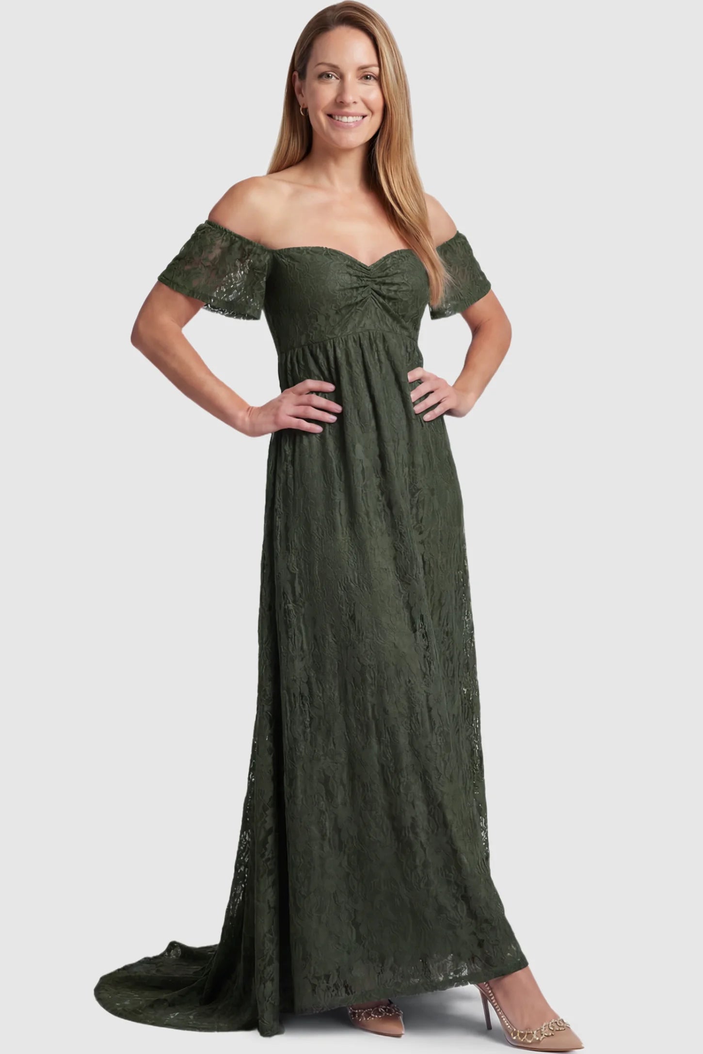 Lace Off Shoulder Maternity Maxi Dress Lace Off Shoulder Maternity Maxi Dress in army green featuring off the shoulder neckline on a postpartum model showing front.