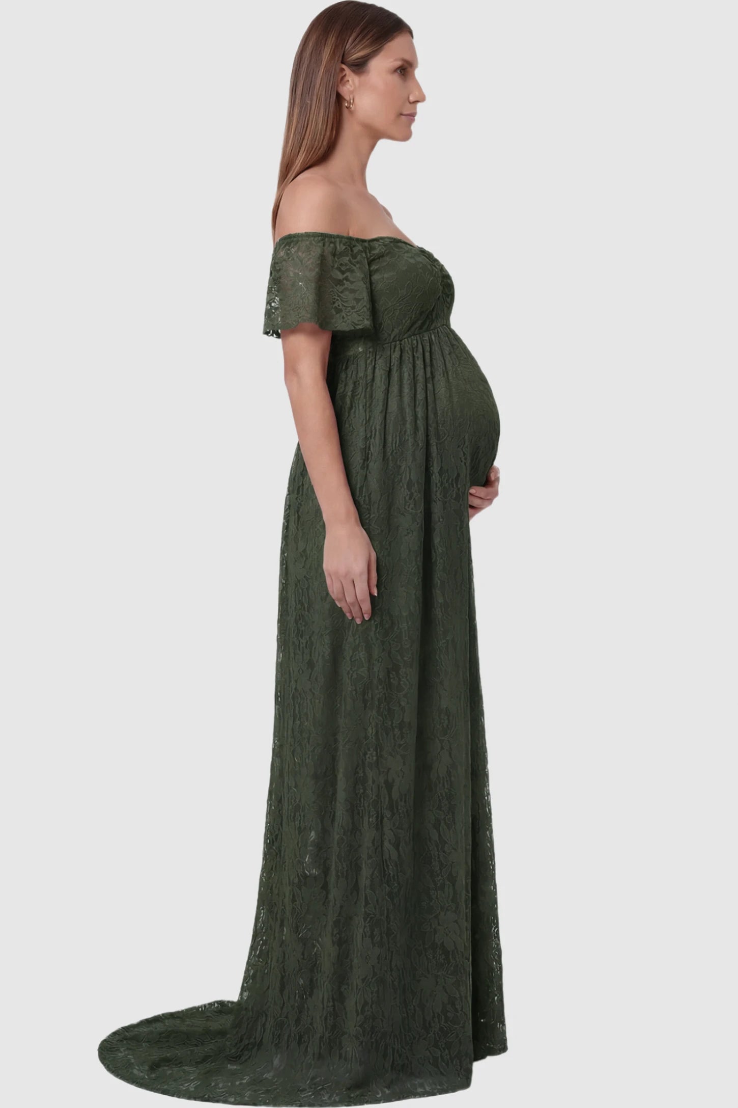 Lace Off Shoulder Maternity Maxi Dress Lace Off Shoulder Maternity Maxi Dress in army green featuring off the shoulder neckline on a pregnant model showing side.