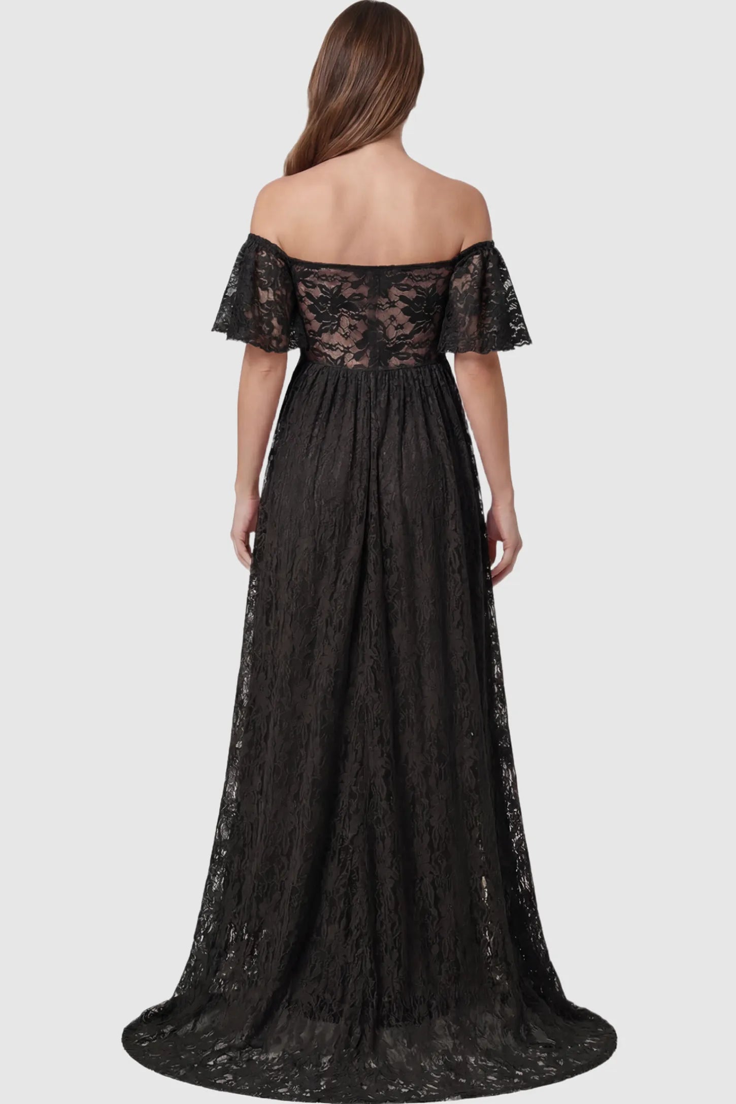 Lace Off Shoulder Maternity Maxi Dress Lace Off Shoulder Maternity Maxi Dress in Black featuring off the shoulder neckline on a pregnant model showing back.