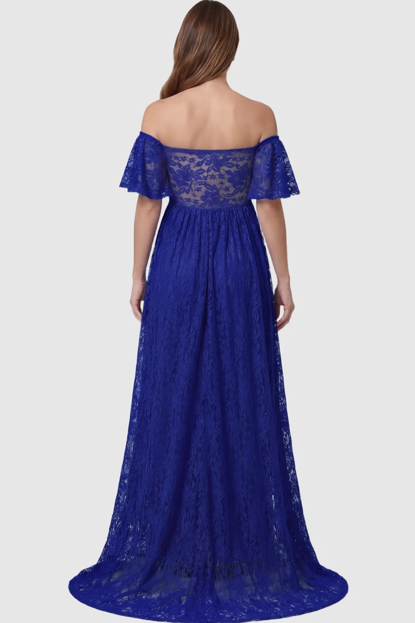 Lace Off Shoulder Maternity Maxi Dress Lace Off Shoulder Maternity Maxi Dress in blue featuring off the shoulder neckline on a pregnant model showing back.