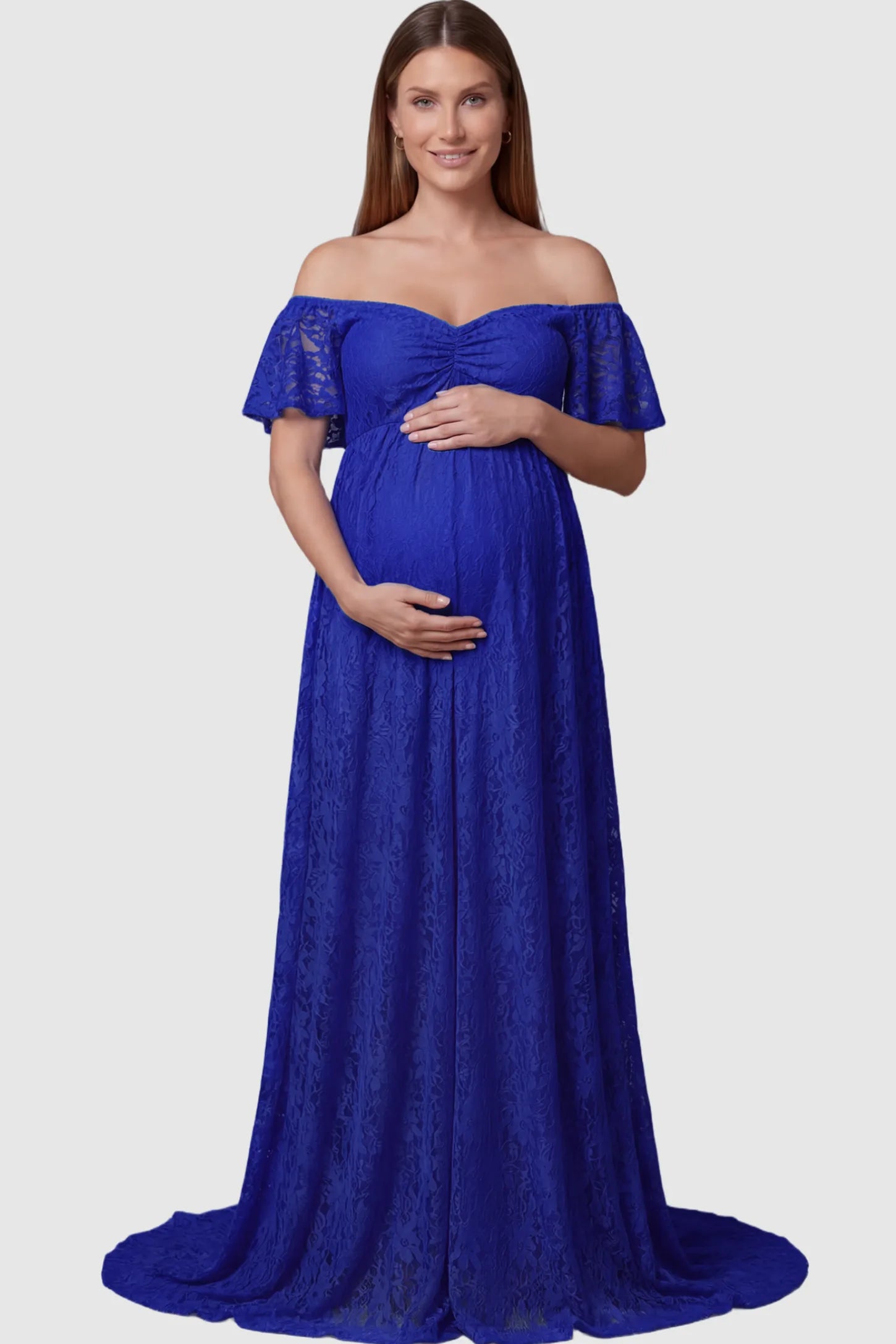 Lace Off Shoulder Maternity Maxi Dress Lace Off Shoulder Maternity Maxi Dress in blue featuring off the shoulder neckline on a pregnant model showing front.
