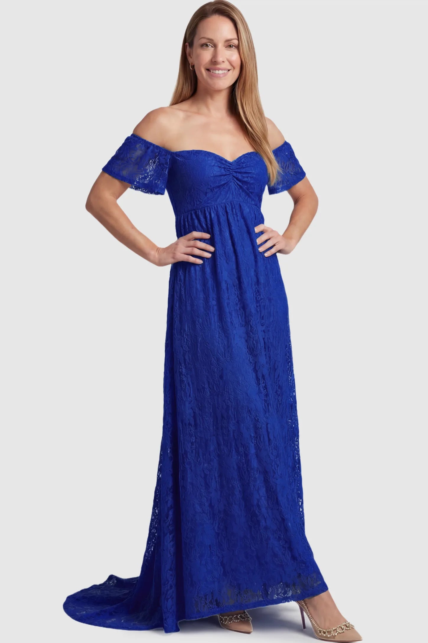 Lace Off Shoulder Maternity Maxi Dress Lace Off Shoulder Maternity Maxi Dress in blue featuring off the shoulder neckline on a postpartum model showing front.