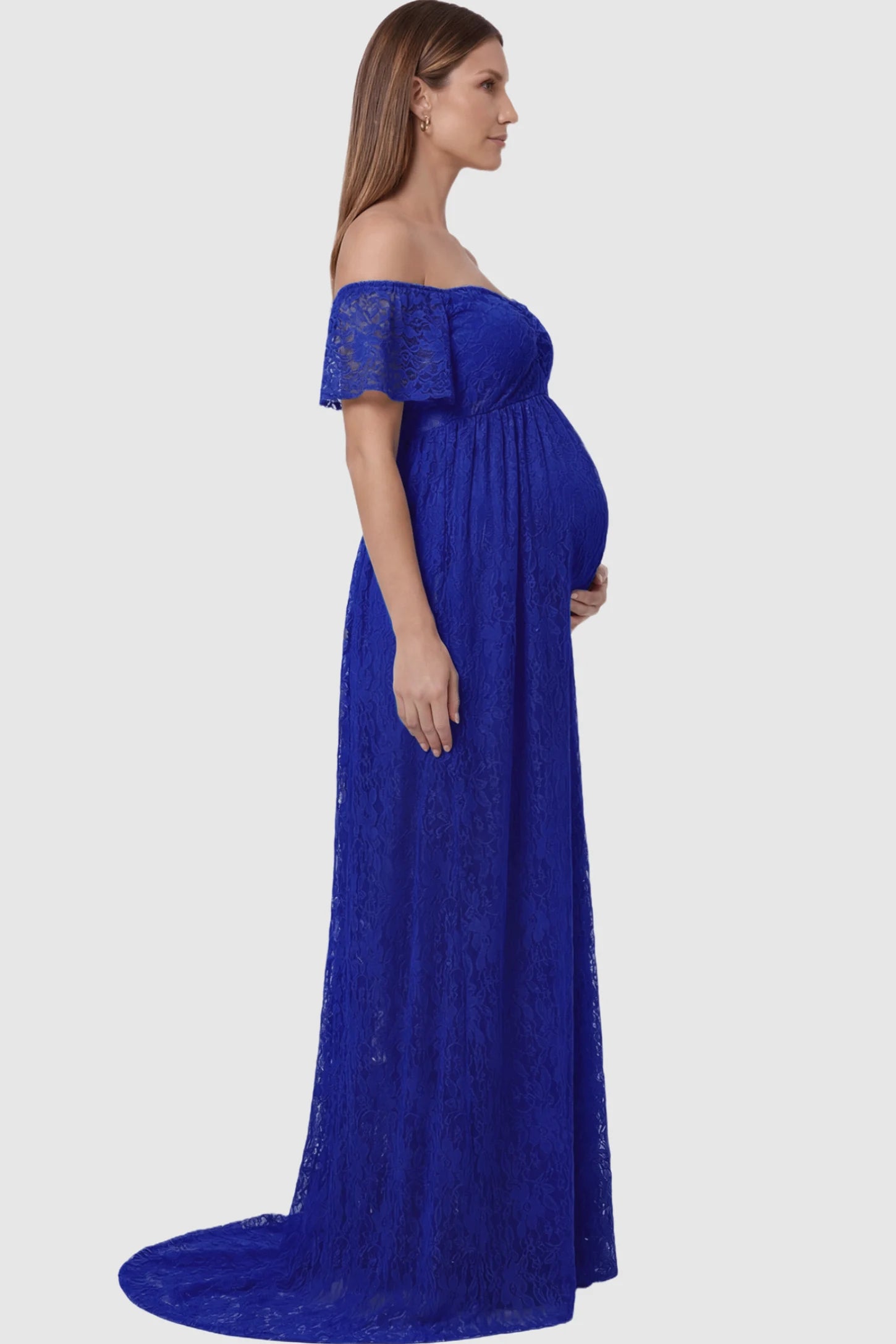 Lace Off Shoulder Maternity Maxi Dress Lace Off Shoulder Maternity Maxi Dress in blue featuring off the shoulder neckline on a pregnant model showing side.