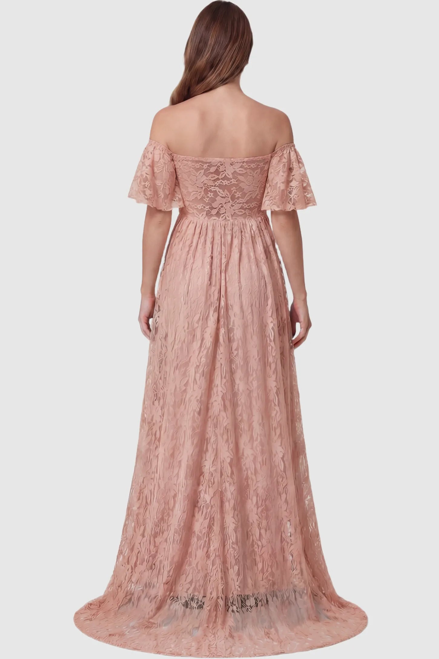 Lace Off Shoulder Maternity Maxi Dress Lace Off Shoulder Maternity Maxi Dress in blush pink featuring off the shoulder neckline on a pregnant model showing back.