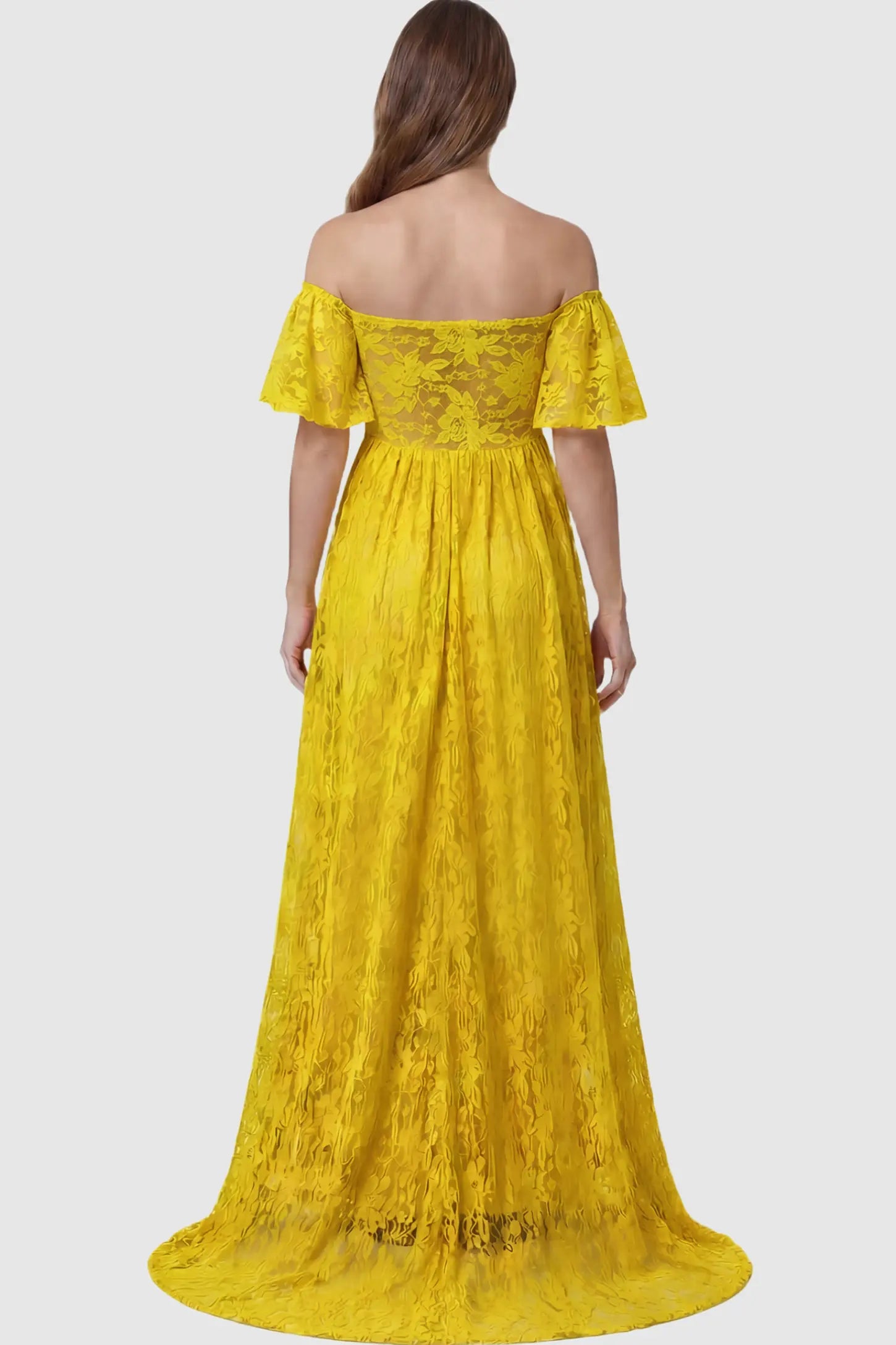Lace Off Shoulder Maternity Maxi Dress Lace Off Shoulder Maternity Maxi Dress in ginger yellow featuring off the shoulder neckline on a pregnant model showing back.