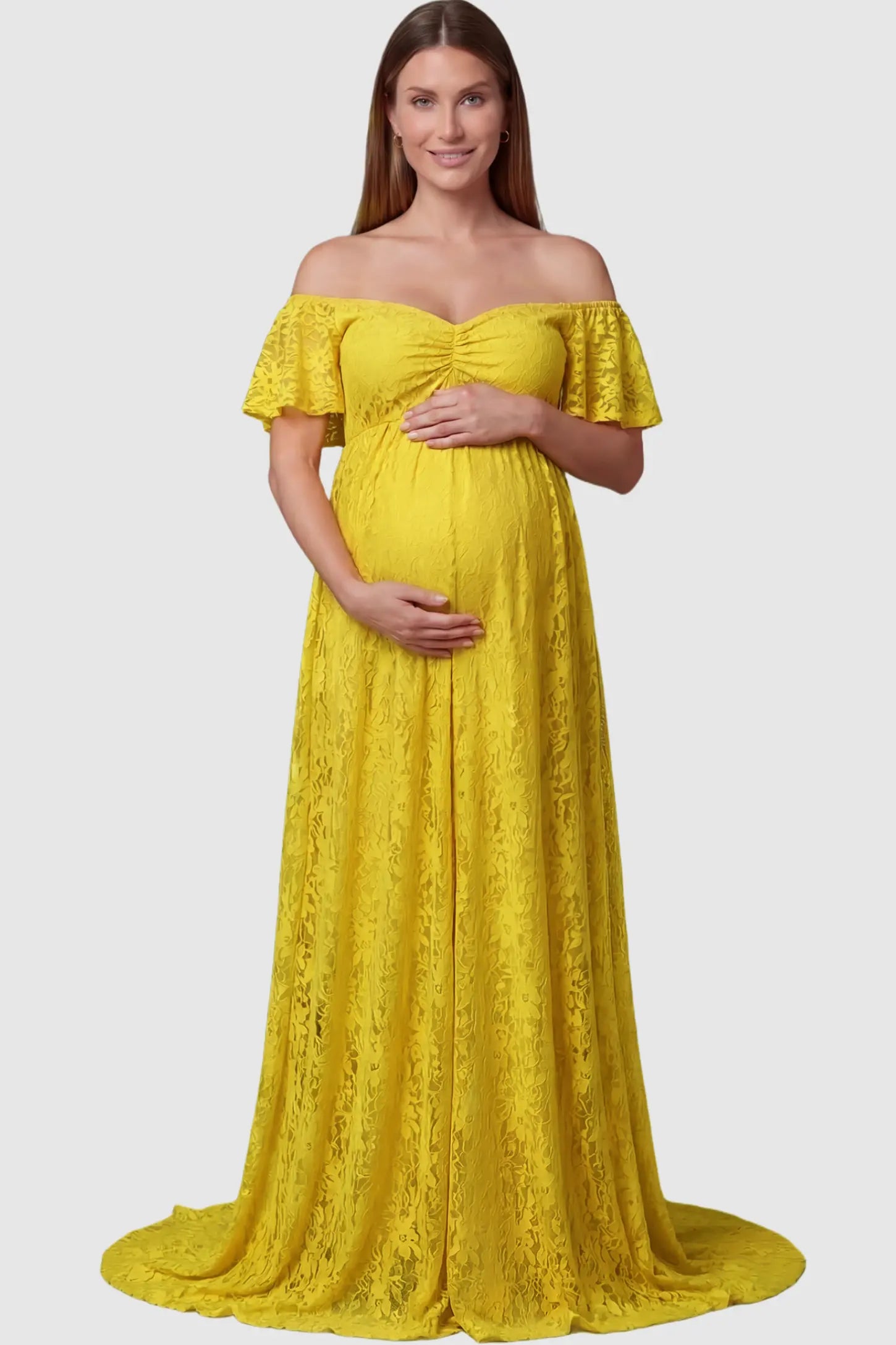 Lace Off Shoulder Maternity Maxi Dress Lace Off Shoulder Maternity Maxi Dress in ginger yellow featuring off the shoulder neckline on a pregnant model showing front.