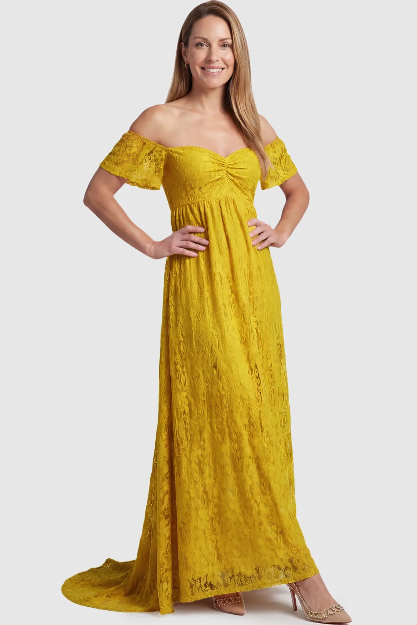 Lace Off Shoulder Maternity Maxi Dress Lace Off Shoulder Maternity Maxi Dress in ginger yellow featuring off the shoulder neckline on a postpartum model showing front.