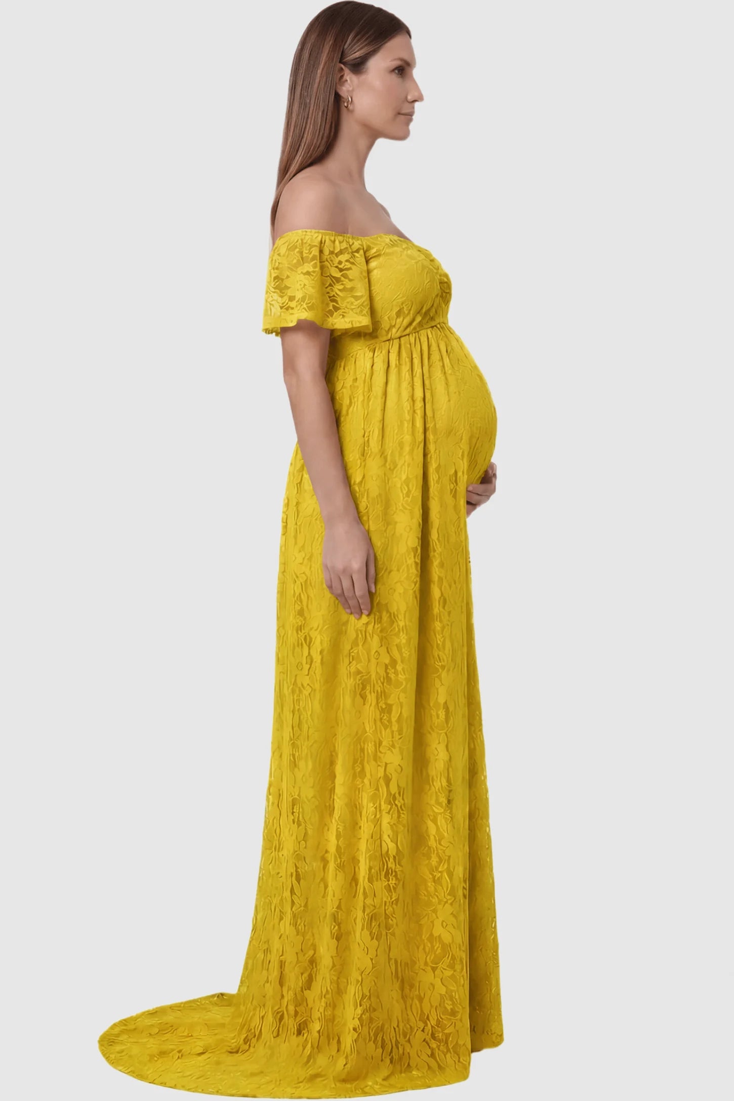 Lace Off Shoulder Maternity Maxi Dress Lace Off Shoulder Maternity Maxi Dress in ginger yellow featuring off the shoulder neckline on a pregnant model showing side.