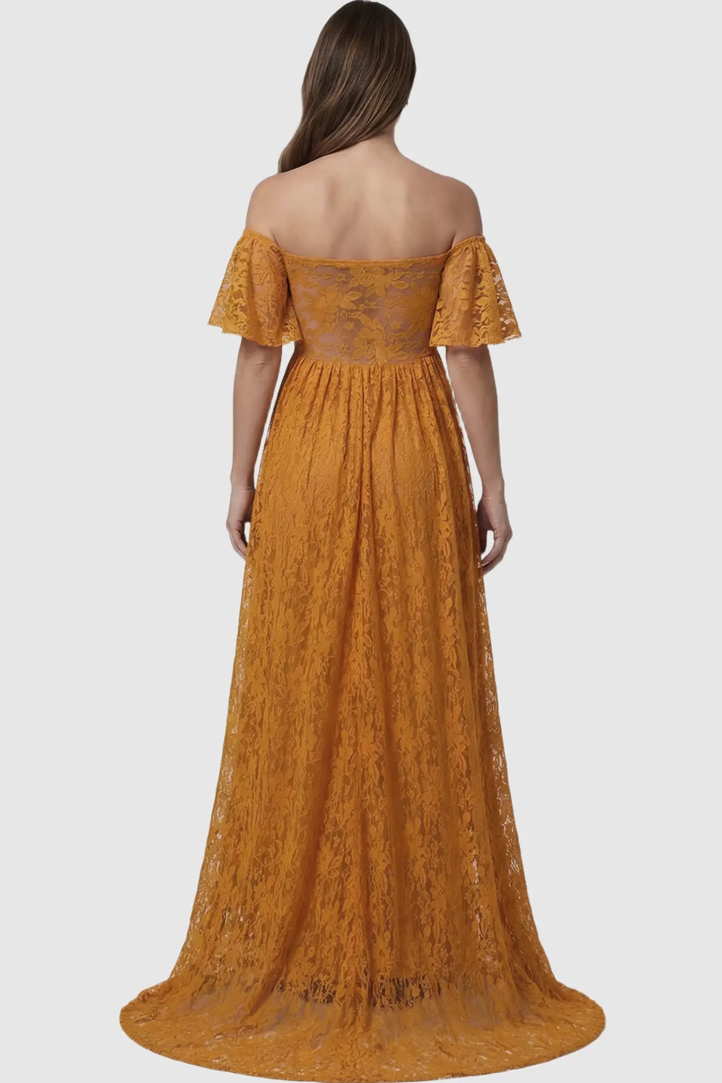 Lace Off Shoulder Maternity Maxi Dress Lace Off Shoulder Maternity Maxi Dress in gold featuring off the shoulder neckline on a pregnant model showing back.