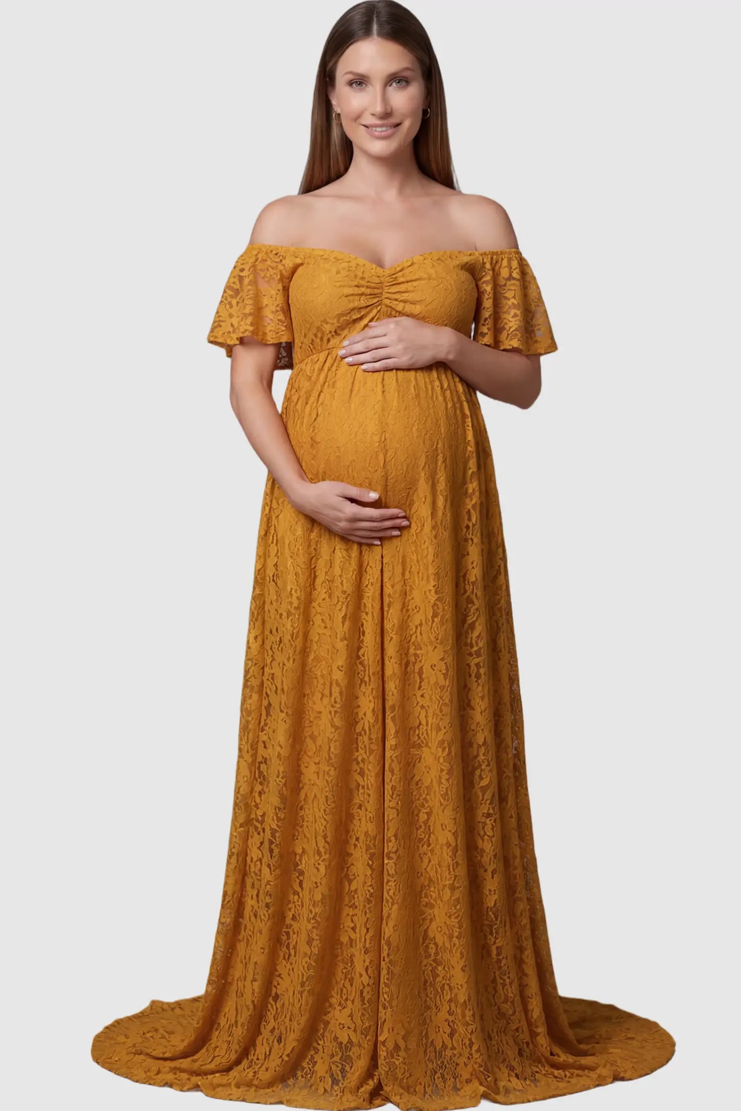 Lace Off Shoulder Maternity Maxi Dress Lace Off Shoulder Maternity Maxi Dress in gold featuring off the shoulder neckline on a pregnant model showing front.