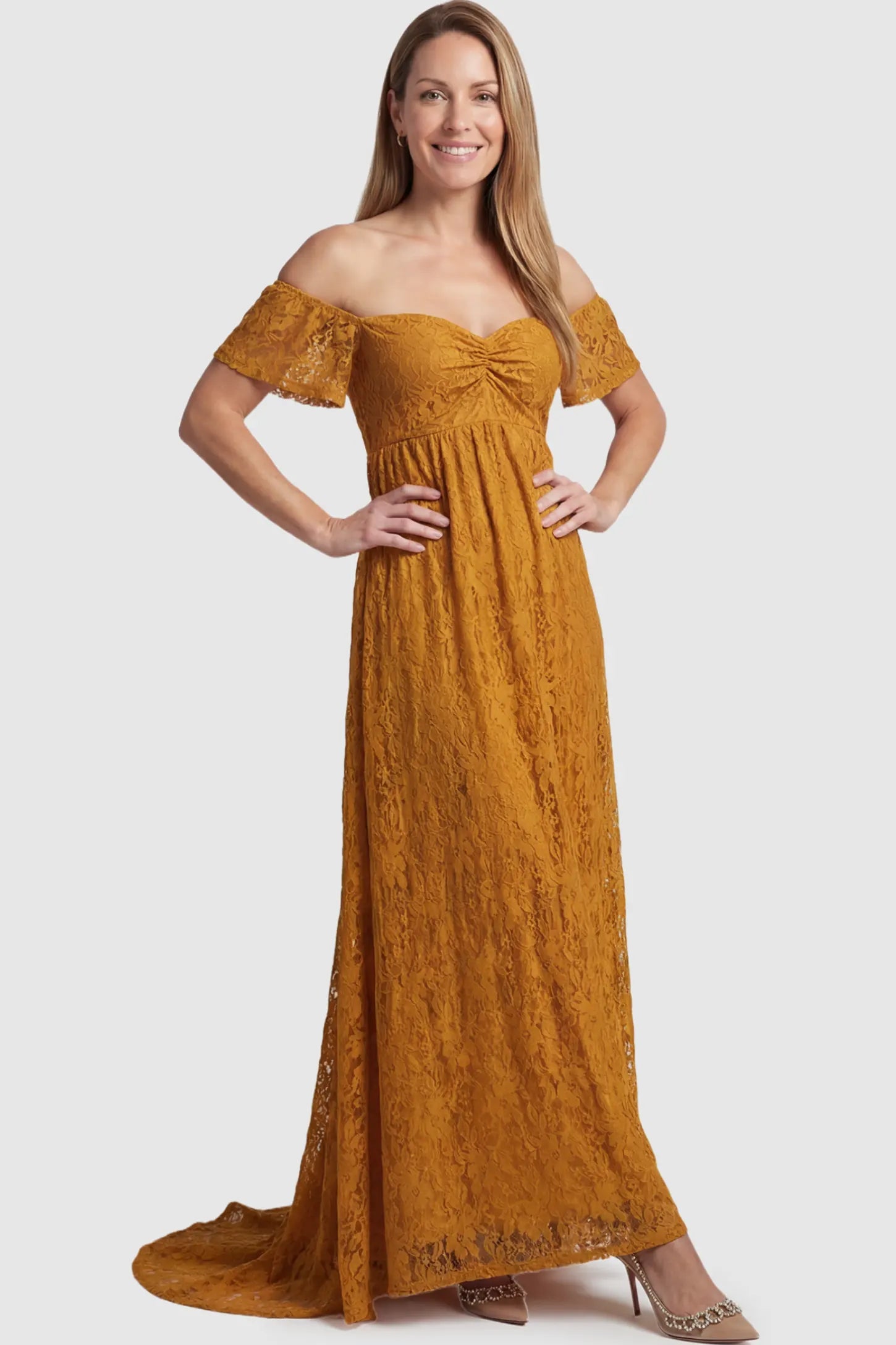 Lace Off Shoulder Maternity Maxi Dress Lace Off Shoulder Maternity Maxi Dress in gold featuring off the shoulder neckline on a postpartum model showing front.