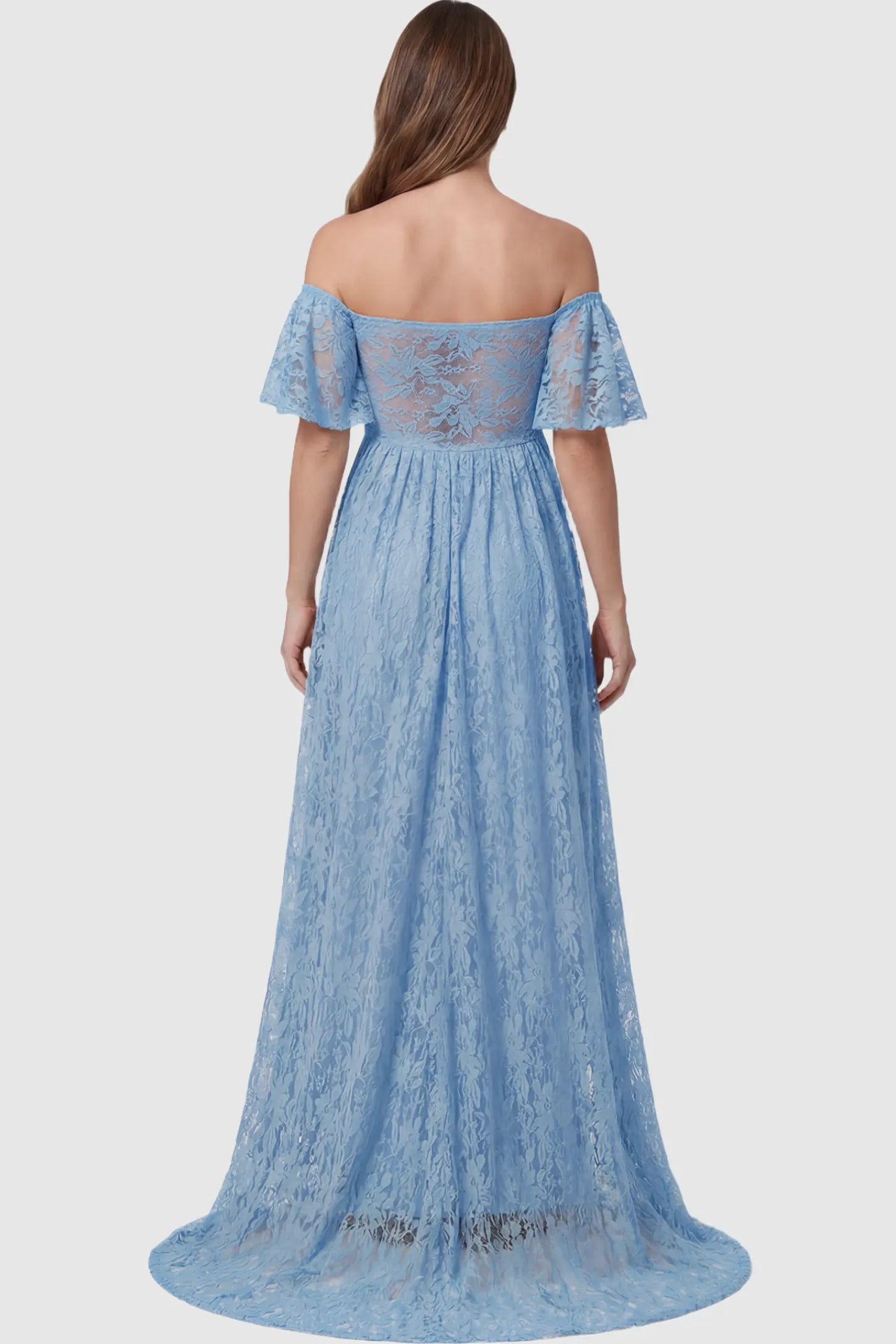 Lace Off Shoulder Maternity Maxi Dress Lace Off Shoulder Maternity Maxi Dress in light blue featuring off the shoulder neckline on a pregnant model showing back.