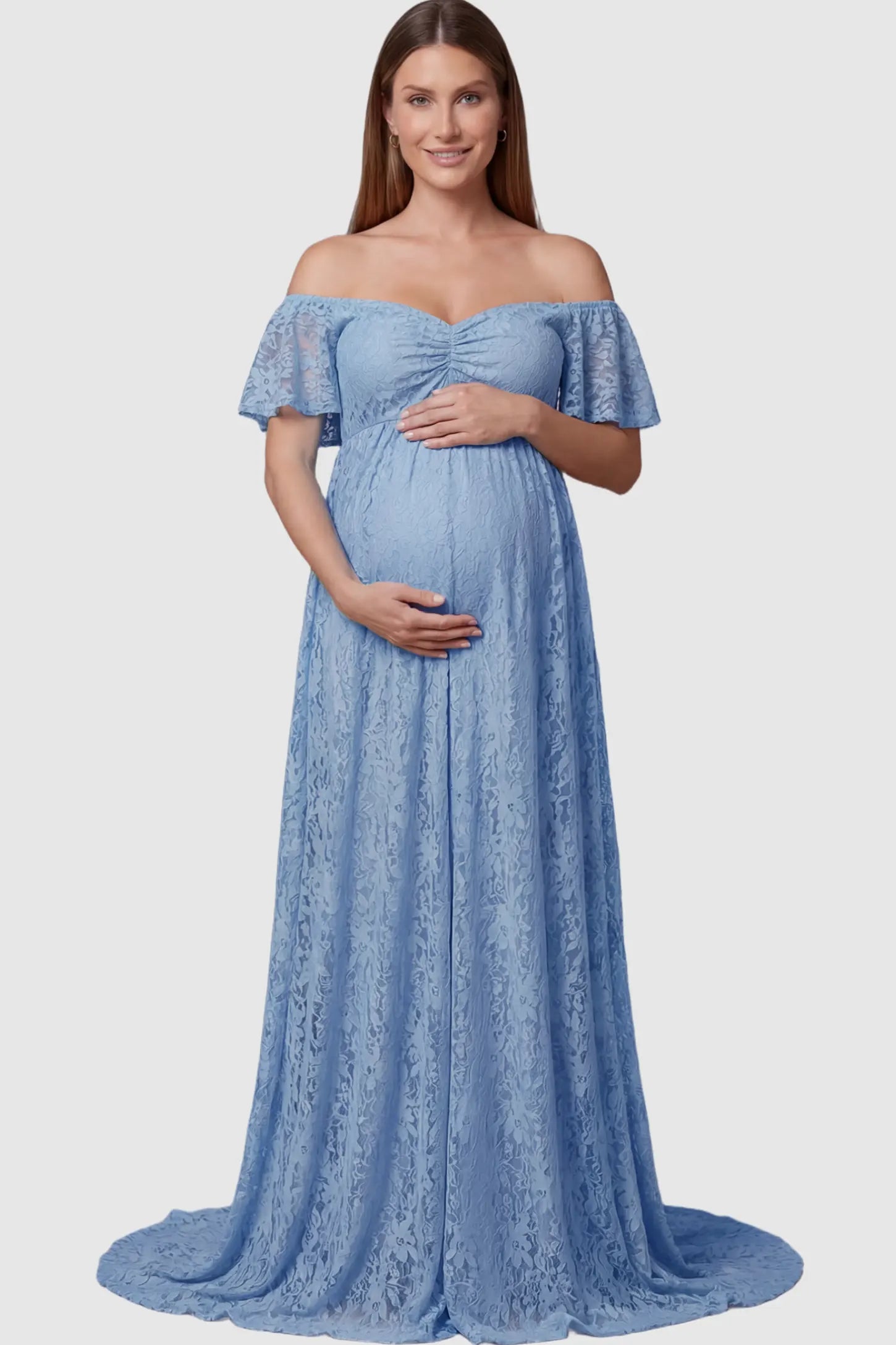 Lace Off Shoulder Maternity Maxi Dress Lace Off Shoulder Maternity Maxi Dress in light blue featuring off the shoulder neckline on a pregnant model showing front.