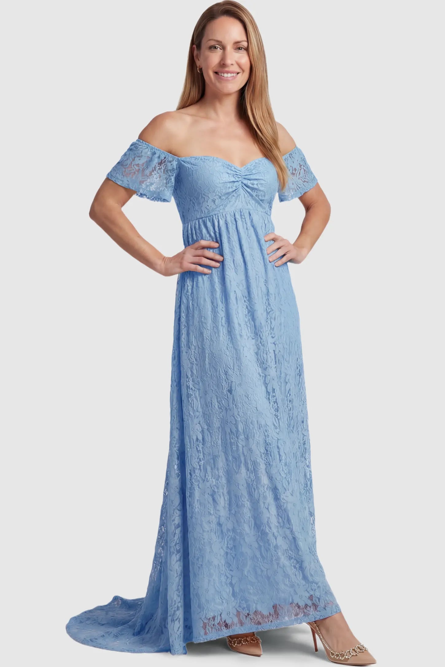 Lace Off Shoulder Maternity Maxi Dress Lace Off Shoulder Maternity Maxi Dress in light blue featuring off the shoulder neckline on a postpartum model showing front.