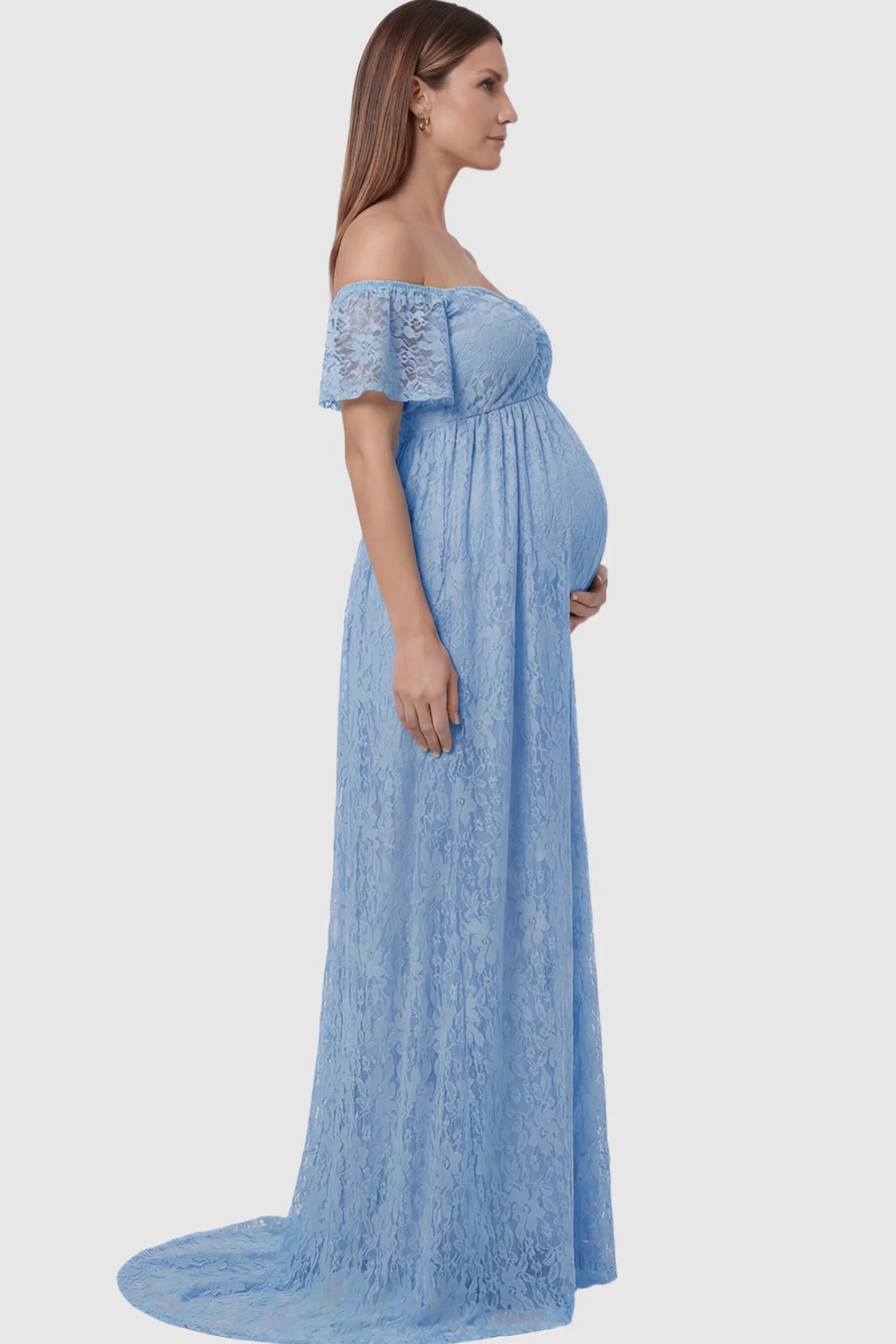 Lace Off Shoulder Maternity Maxi Dress Lace Off Shoulder Maternity Maxi Dress in light blue featuring off the shoulder neckline on a pregnant model showing side.
