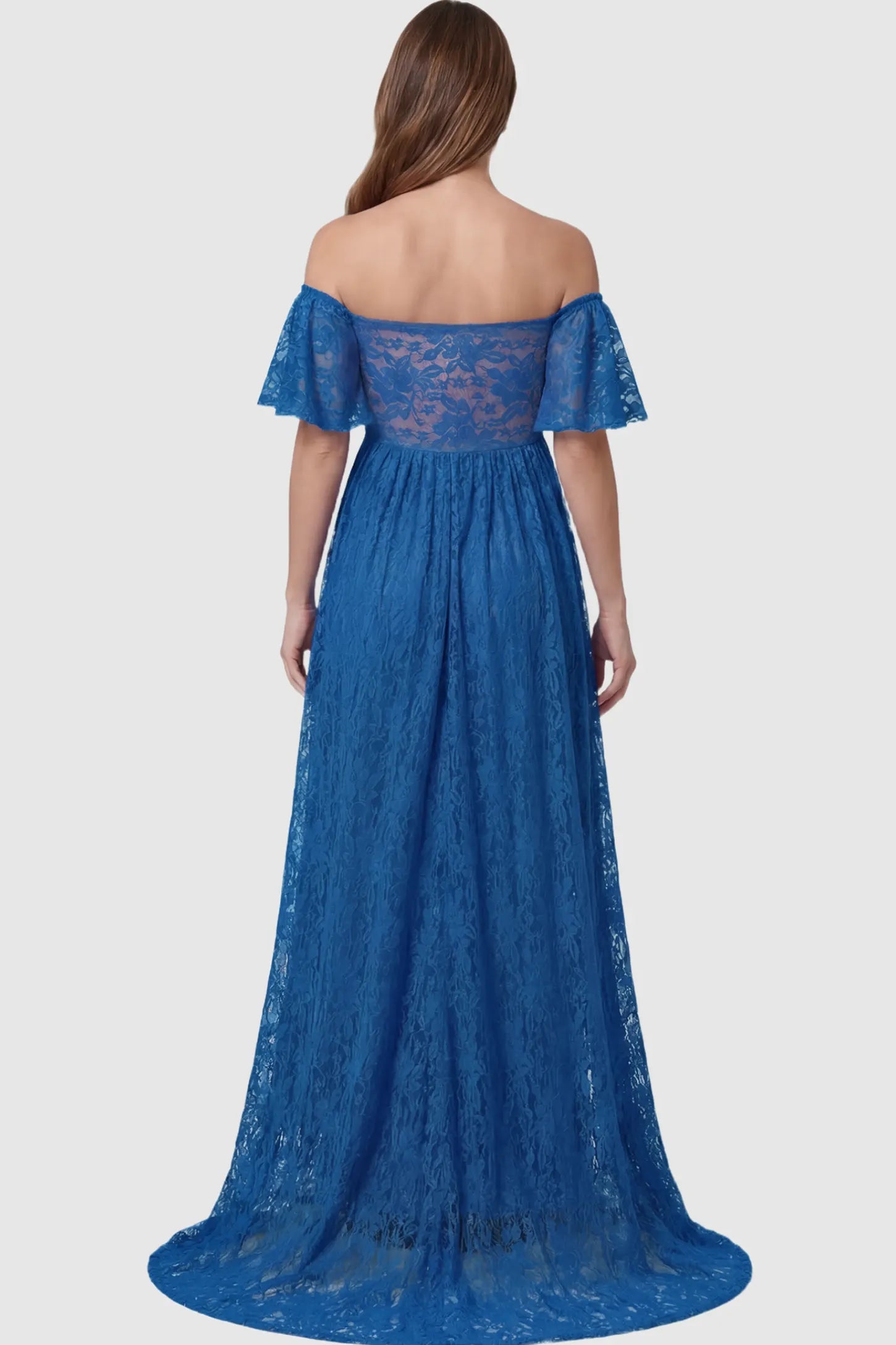 Lace Off Shoulder Maternity Maxi Dress Lace Off Shoulder Maternity Maxi Dress in ocean blue featuring off the shoulder neckline on a pregnant model showing back.
