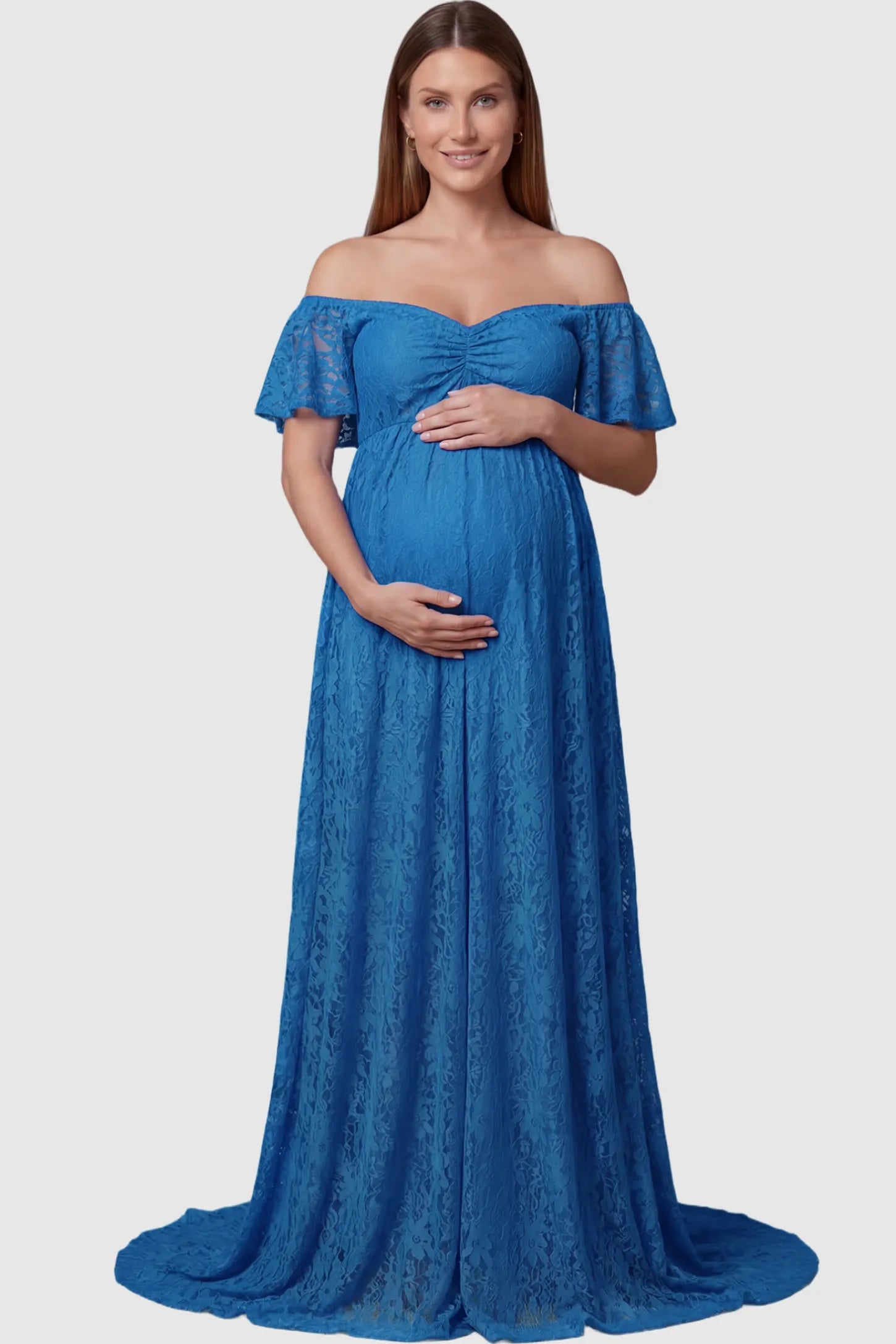 Lace Off Shoulder Maternity Maxi Dress Lace Off Shoulder Maternity Maxi Dress in ocean blue featuring off the shoulder neckline on a pregnant model showing front.