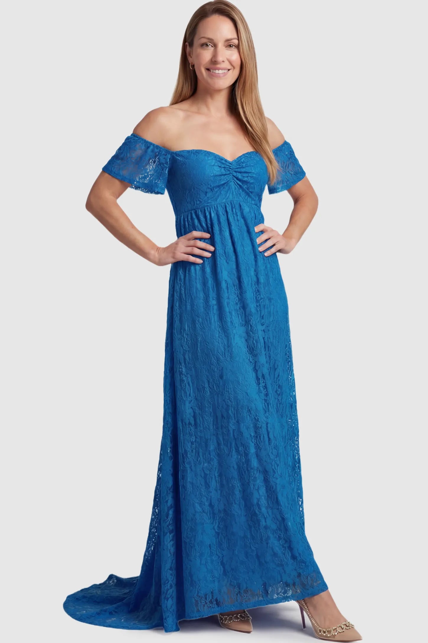 Lace Off Shoulder Maternity Maxi Dress Lace Off Shoulder Maternity Maxi Dress in ocean blue featuring off the shoulder neckline on a postpartum model showing front.