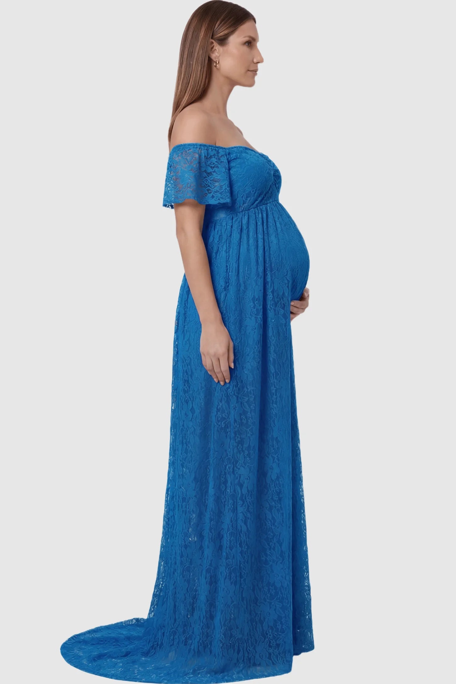 Lace Off Shoulder Maternity Maxi Dress Lace Off Shoulder Maternity Maxi Dress in ocean blue featuring off the shoulder neckline on a pregnant model showing side.