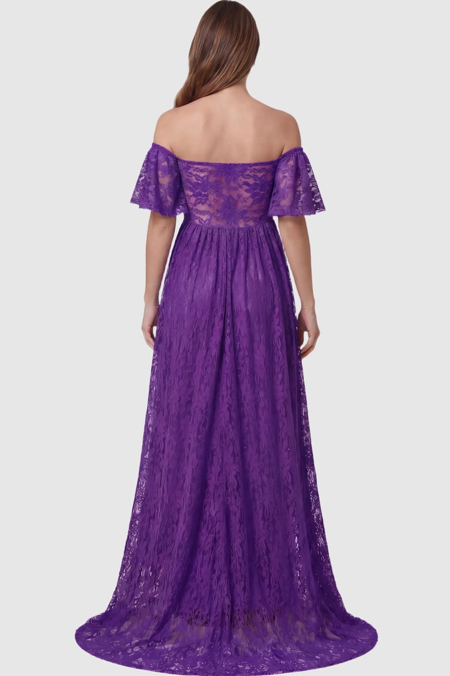 Lace Off Shoulder Maternity Maxi Dress Lace Off Shoulder Maternity Maxi Dress in purple featuring off the shoulder neckline on a pregnant model showing back.