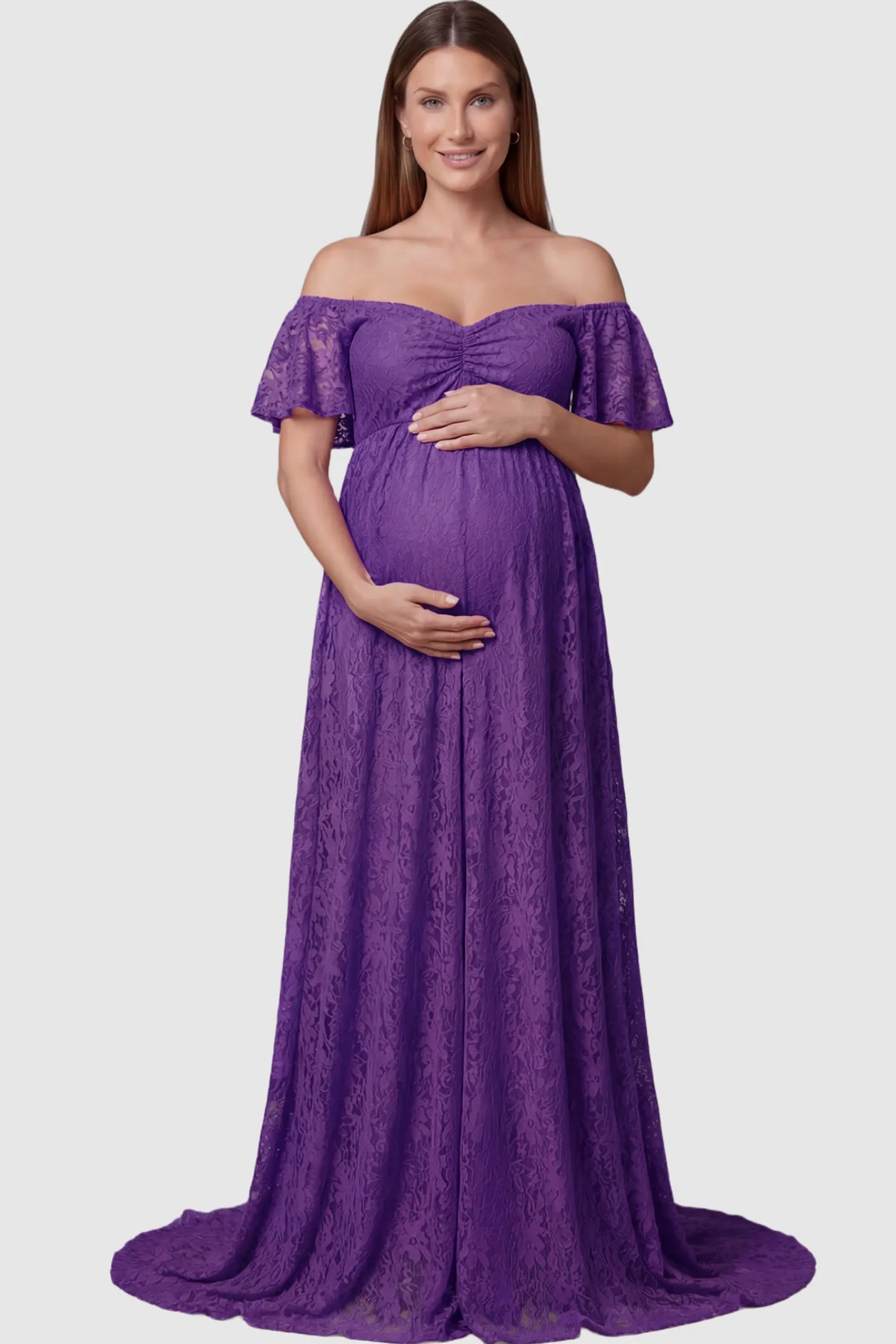 Lace Off Shoulder Maternity Maxi Dress Lace Off Shoulder Maternity Maxi Dress in purple featuring off the shoulder neckline on a pregnant model showing front.