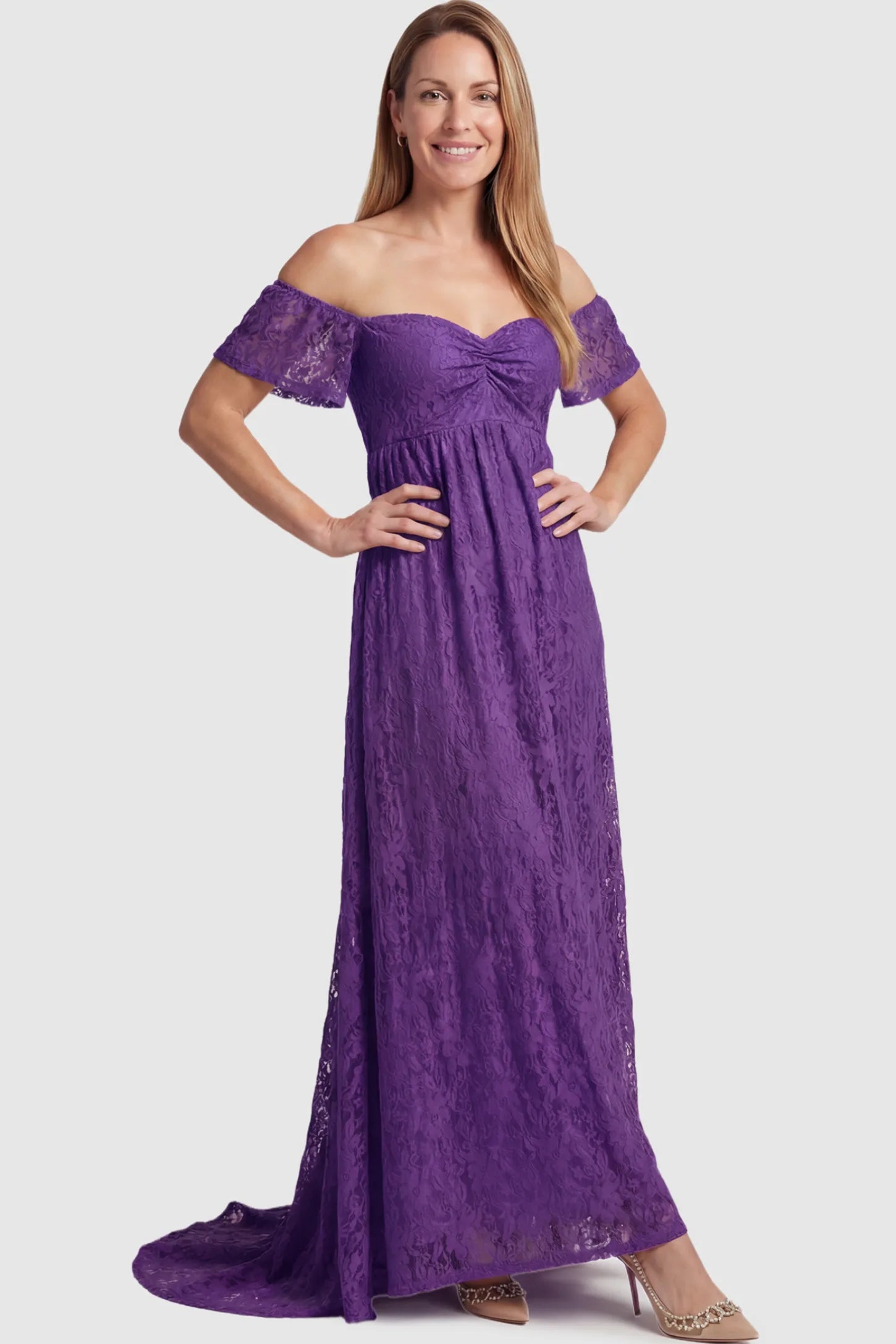 Lace Off Shoulder Maternity Maxi Dress Lace Off Shoulder Maternity Maxi Dress in purple featuring off the shoulder neckline on a postpartum model showing front.