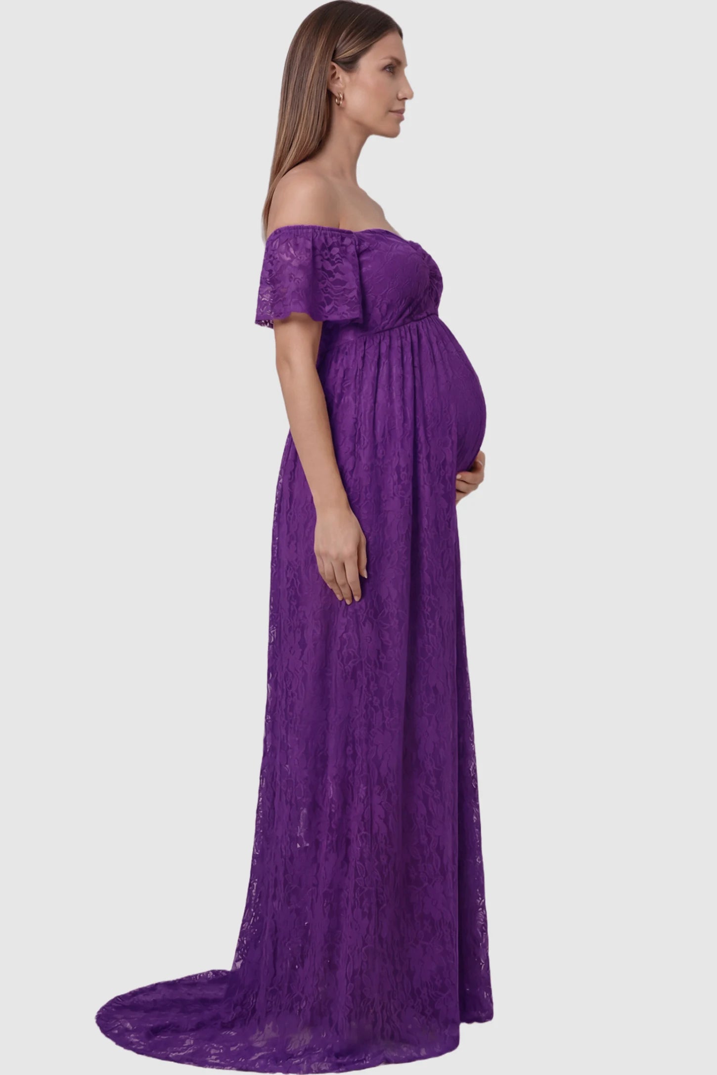 Lace Off Shoulder Maternity Maxi Dress Lace Off Shoulder Maternity Maxi Dress in purple featuring off the shoulder neckline on a pregnant model showing side.