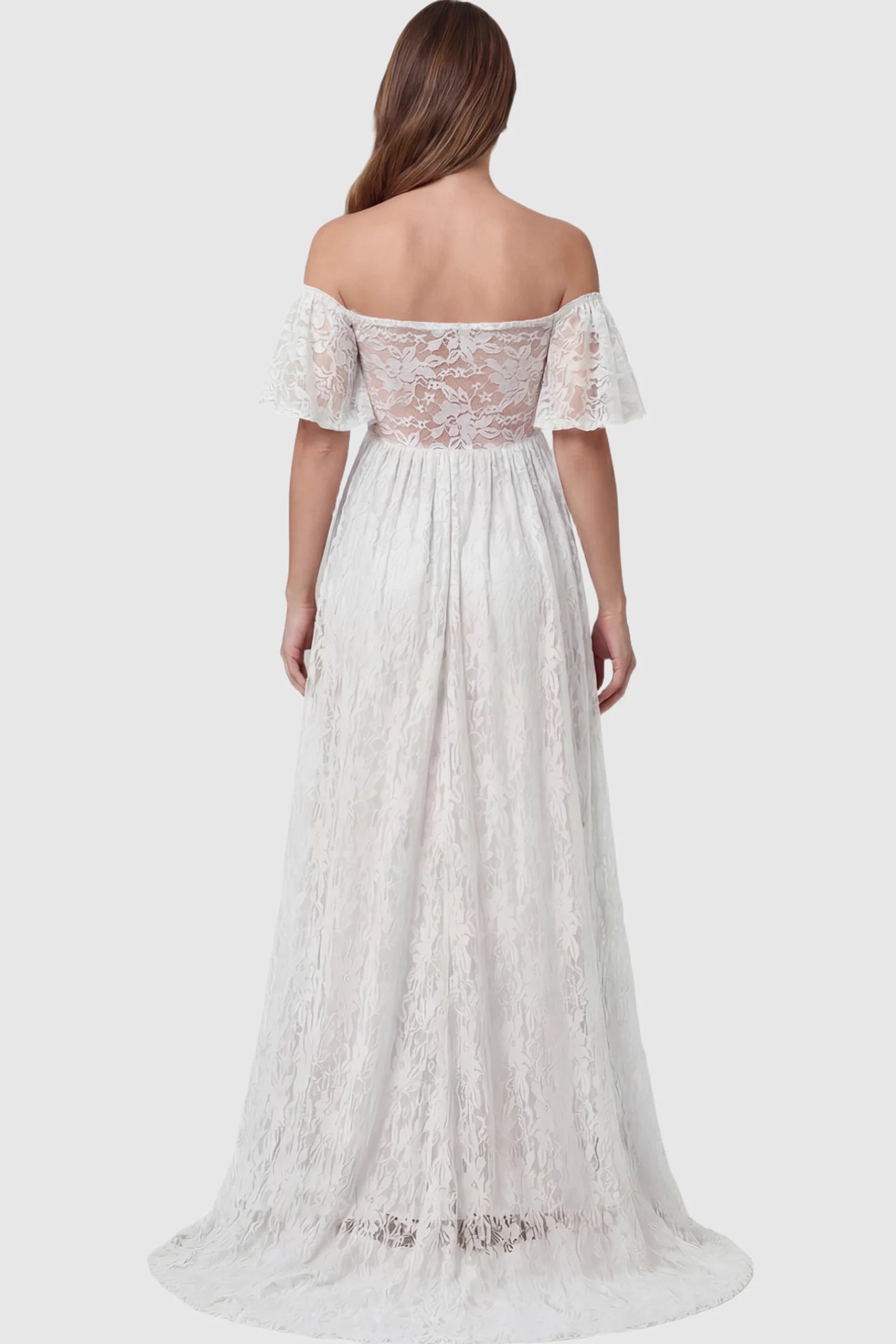 Lace Off Shoulder Maternity Maxi Dress Lace Off Shoulder Maternity Maxi Dress in white featuring off the shoulder neckline on a pregnant model showing back.
