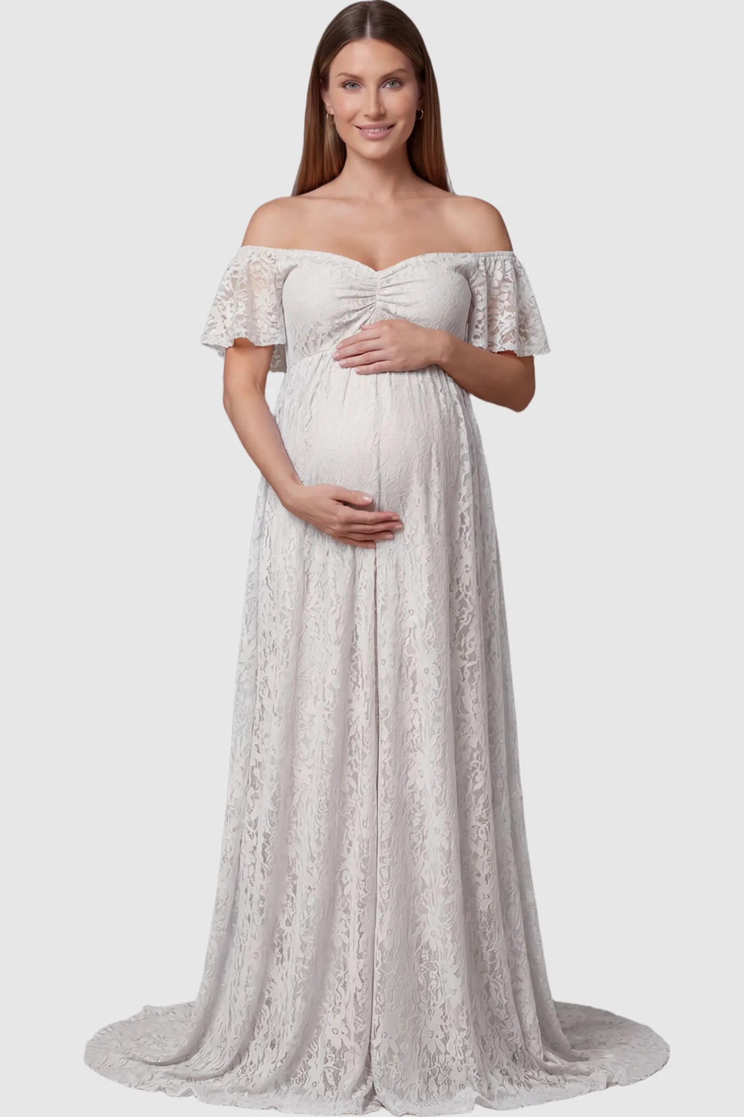 Lace Off Shoulder Maternity Maxi Dress Lace Off Shoulder Maternity Maxi Dress in white featuring off the shoulder neckline on a pregnant model showing front.
