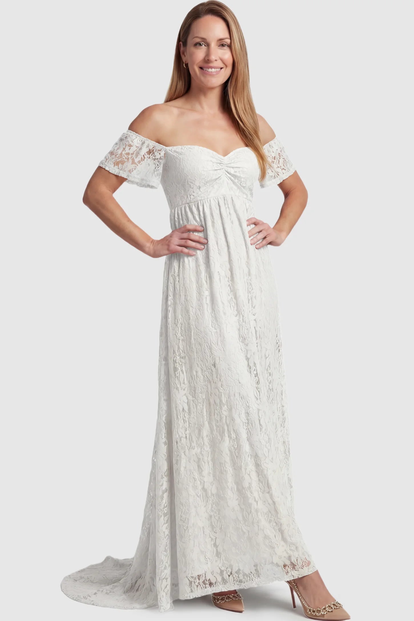 Lace Off Shoulder Maternity Maxi Dress Lace Off Shoulder Maternity Maxi Dress in white featuring off the shoulder neckline on a postpartum model showing front.