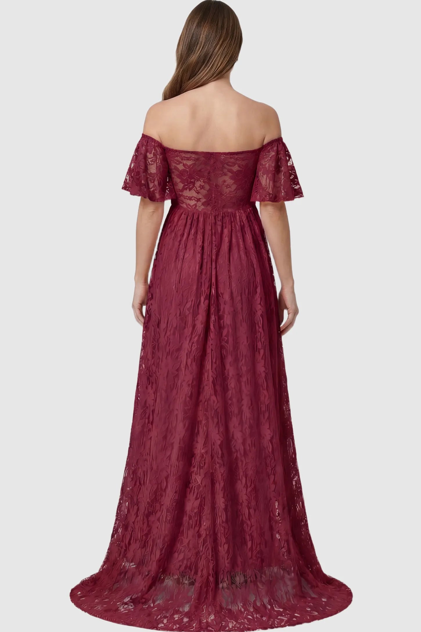 Lace Off Shoulder Maternity Maxi Dress Lace Off Shoulder Maternity Maxi Dress in Wine Red featuring off the shoulder neckline on a pregnant model showing back.