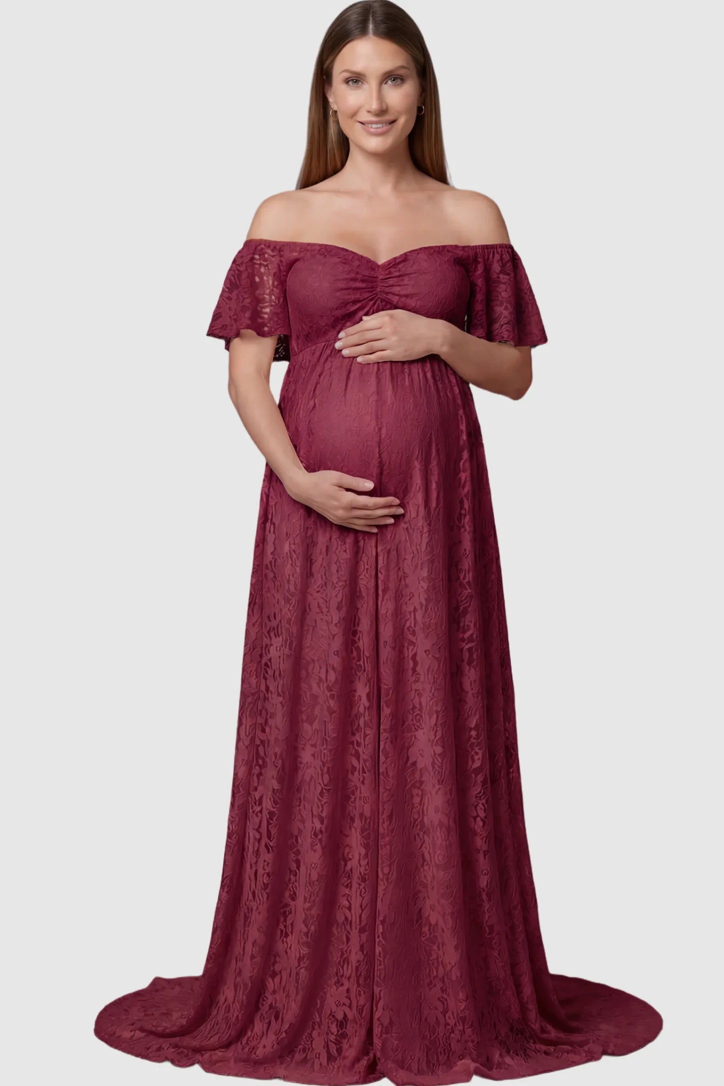 Lace Off Shoulder Maternity Maxi Dress Lace Off Shoulder Maternity Maxi Dress in Wine Red featuring off the shoulder neckline on a pregnant model showing front.