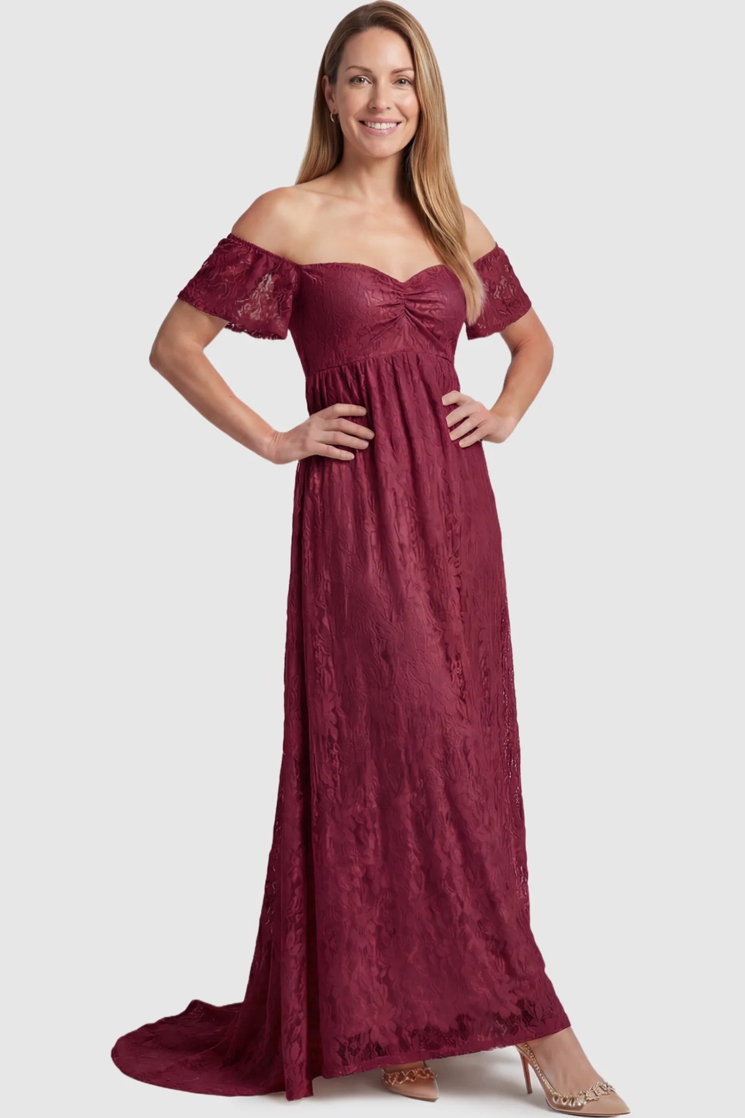 Lace Off Shoulder Maternity Maxi Dress Lace Off Shoulder Maternity Maxi Dress in Wine Red featuring off the shoulder neckline on a postpartum model showing front.