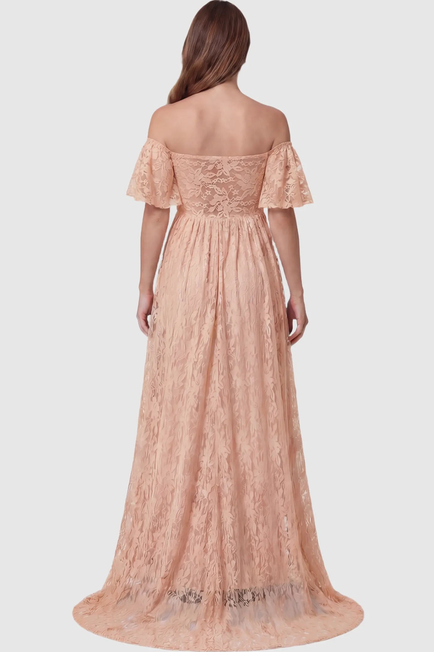 Lace Off Shoulder Maternity Maxi Dress Lace Off Shoulder Maternity Maxi Dress in pink featuring off the shoulder neckline on a pregnant model showing back.