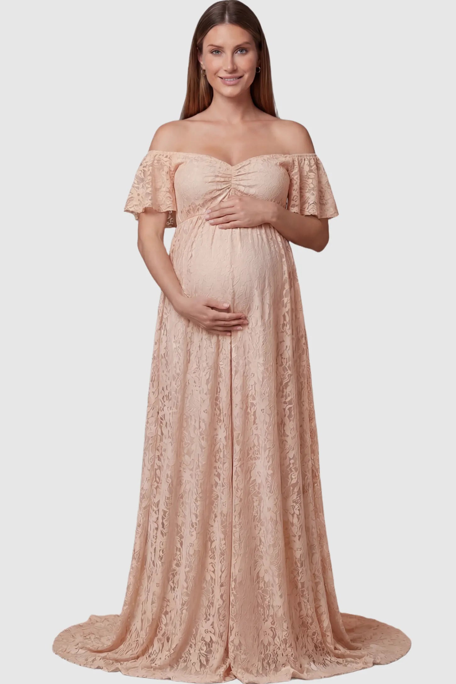 Lace Off Shoulder Maternity Maxi Dress Lace Off Shoulder Maternity Maxi Dress in pink featuring off the shoulder neckline on a pregnant model showing front.