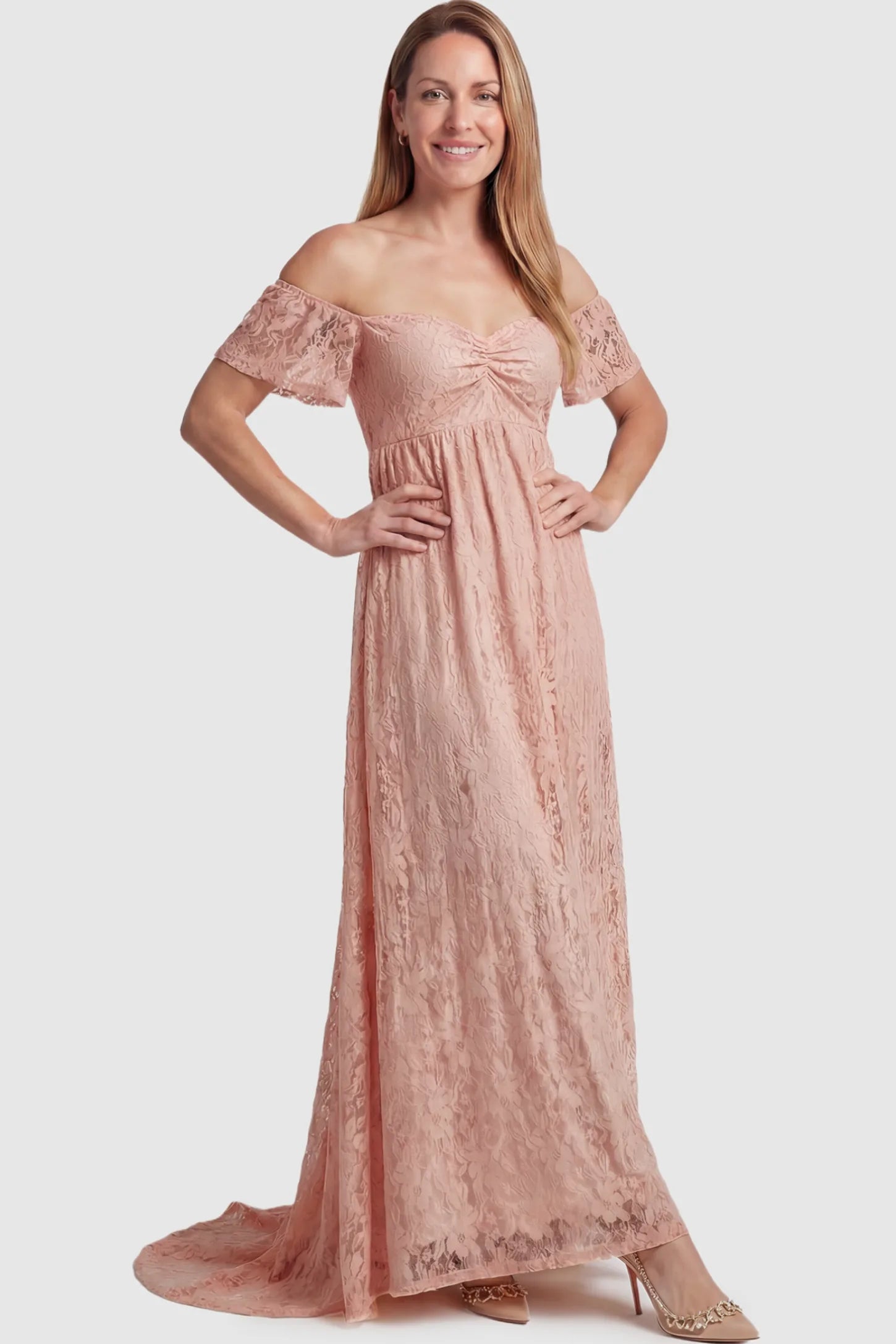 Lace Off Shoulder Maternity Maxi Dress Lace Off Shoulder Maternity Maxi Dress in pink featuring off the shoulder neckline on a postpartum model showing front.