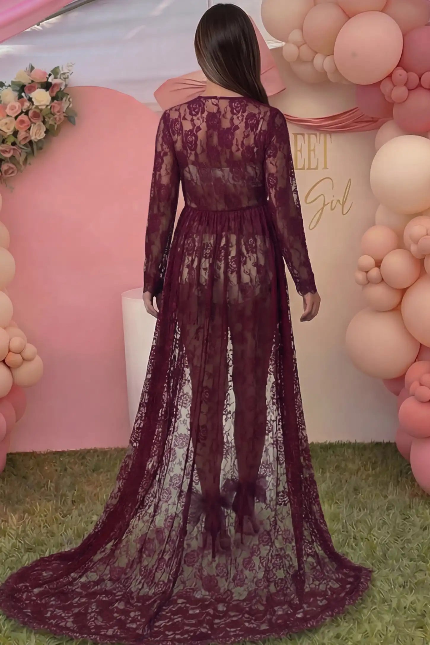 Floral Lace V-Neck Long Sleeve Maternity Photoshoot Gown Floral Lace V-Neck Long Sleeve Maternity Photoshoot Gown in Burgundy featuring floor-length lace train on a pregnant model showing back.