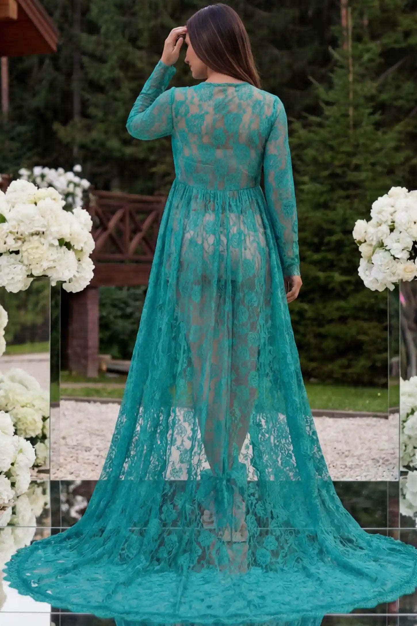 Floral Lace V-Neck Long Sleeve Maternity Photoshoot Gown Floral Lace V-Neck Long Sleeve Maternity Photoshoot Gown in Green featuring floor-length lace train on a pregnant model showing back.