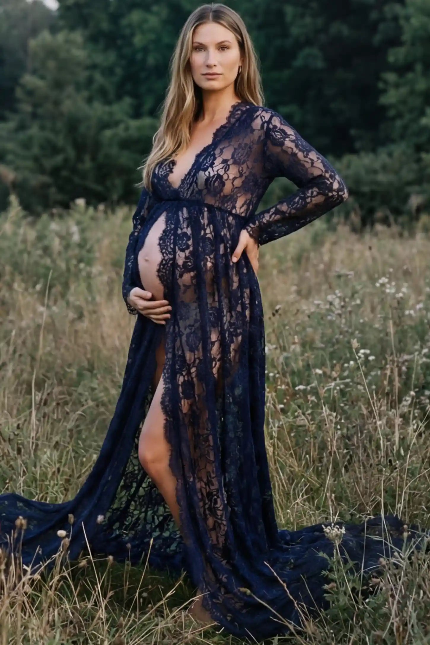 Floral Lace V-Neck Long Sleeve Maternity Photoshoot Gown Floral Lace V-Neck Long Sleeve Maternity Photoshoot Gown in Navy Blue featuring long sleeves and high front slit on a pregnant model posing front.