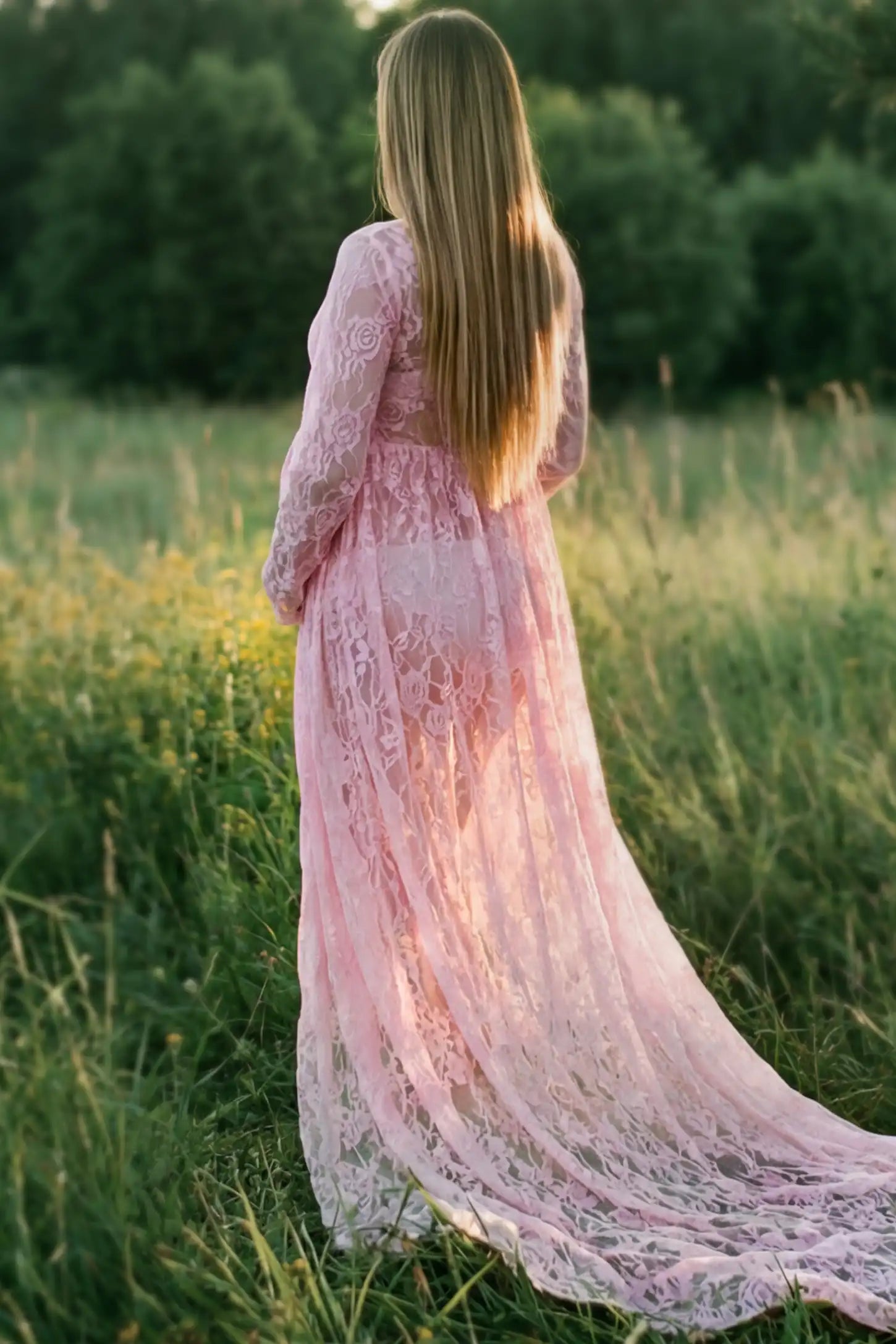 Floral Lace V-Neck Long Sleeve Maternity Photoshoot Gown Floral Lace V-Neck Long Sleeve Maternity Photoshoot Gown in Pink featuring floor-length lace train on a pregnant model showing back.