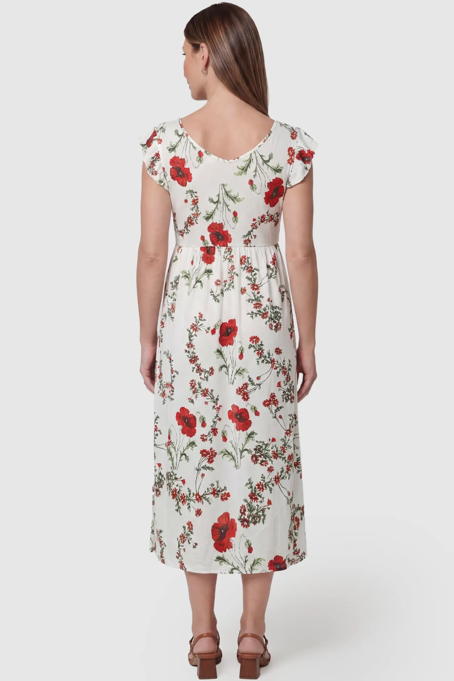 Floral Print Scoop Neck Maternity Maxi Dress Floral Print Scoop Neck Maxi Maternity Dress in White with Red Poppy Prints featuring ruffle sleeves on a pregnant model back view.