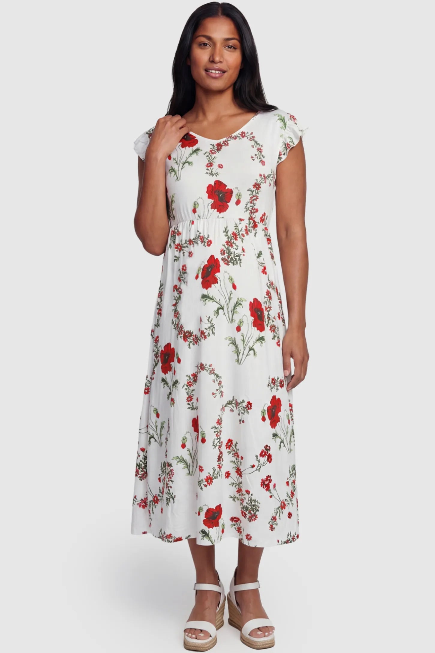 Floral Print Scoop Neck Maternity Maxi Dress Floral Print Scoop Neck Maxi Maternity Dress in White with Red Poppy Prints featuring ruffle sleeves on a postpartum model front view.