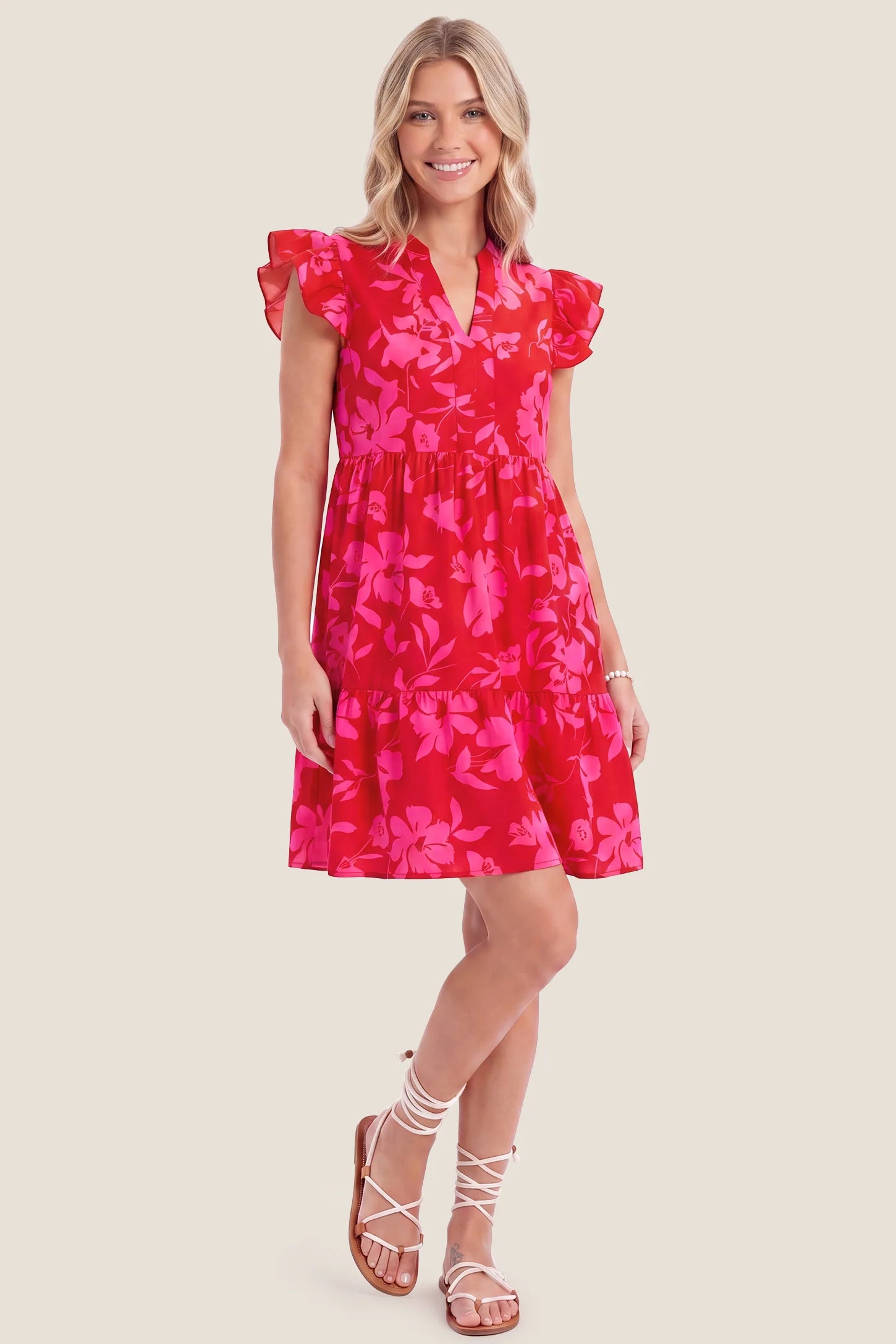 Floral Print V-Neck Flutter Sleeve Maternity Short Dress Floral Print V-Neck Flutter Sleeve Maternity Short Dress in Poppy Red with a floral print design, front view on a non pregnant model.