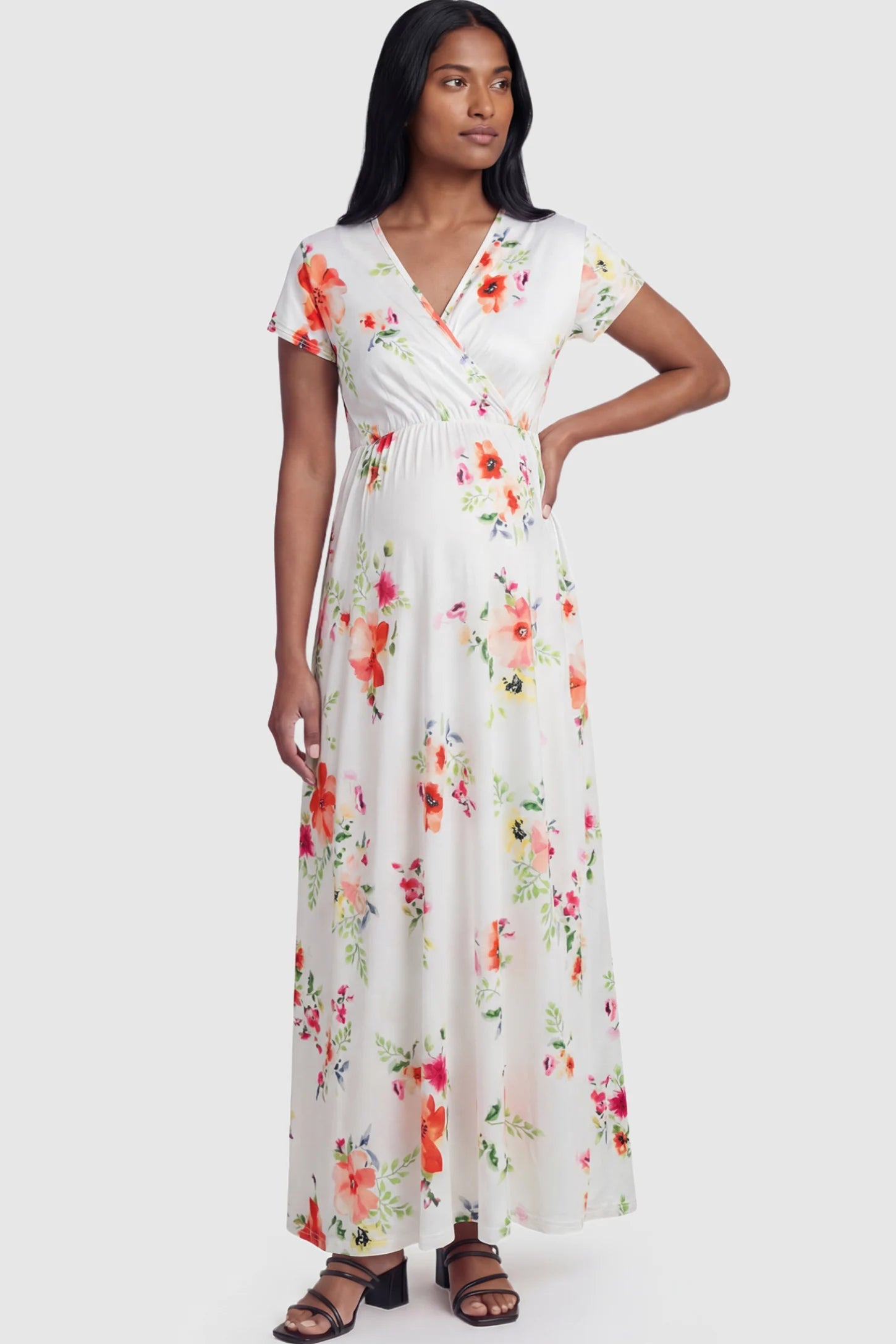 Floral Print V-Neck Maternity Maxi Dress Floral Print V-Neck Maternity Maxi Dress in White featuring a vibrant floral pattern on a postpartum model showing front.